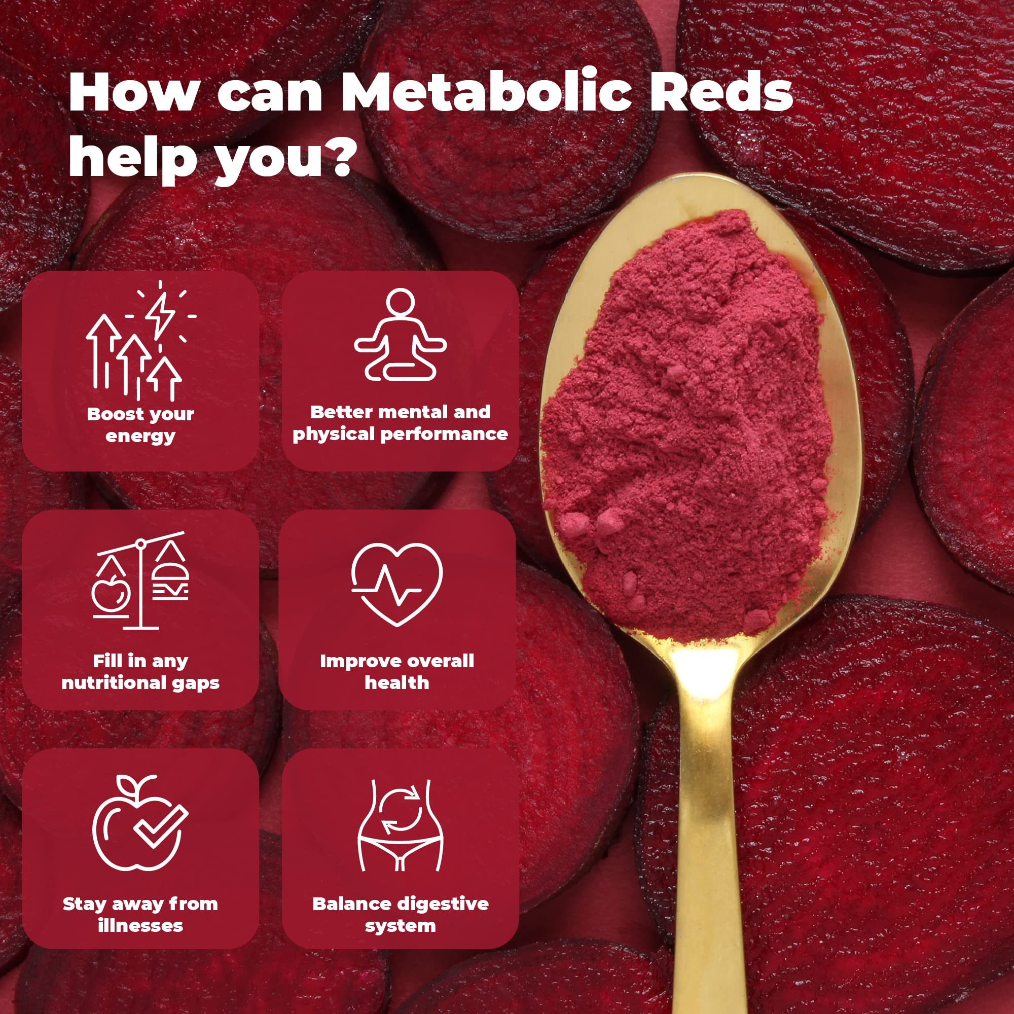 PureHealth Reds Superfoods: vista lateral del polvo, muestra textura y color vibrante.