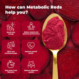 PureHealth Reds Superfoods: vista lateral del polvo, muestra textura y color vibrante.