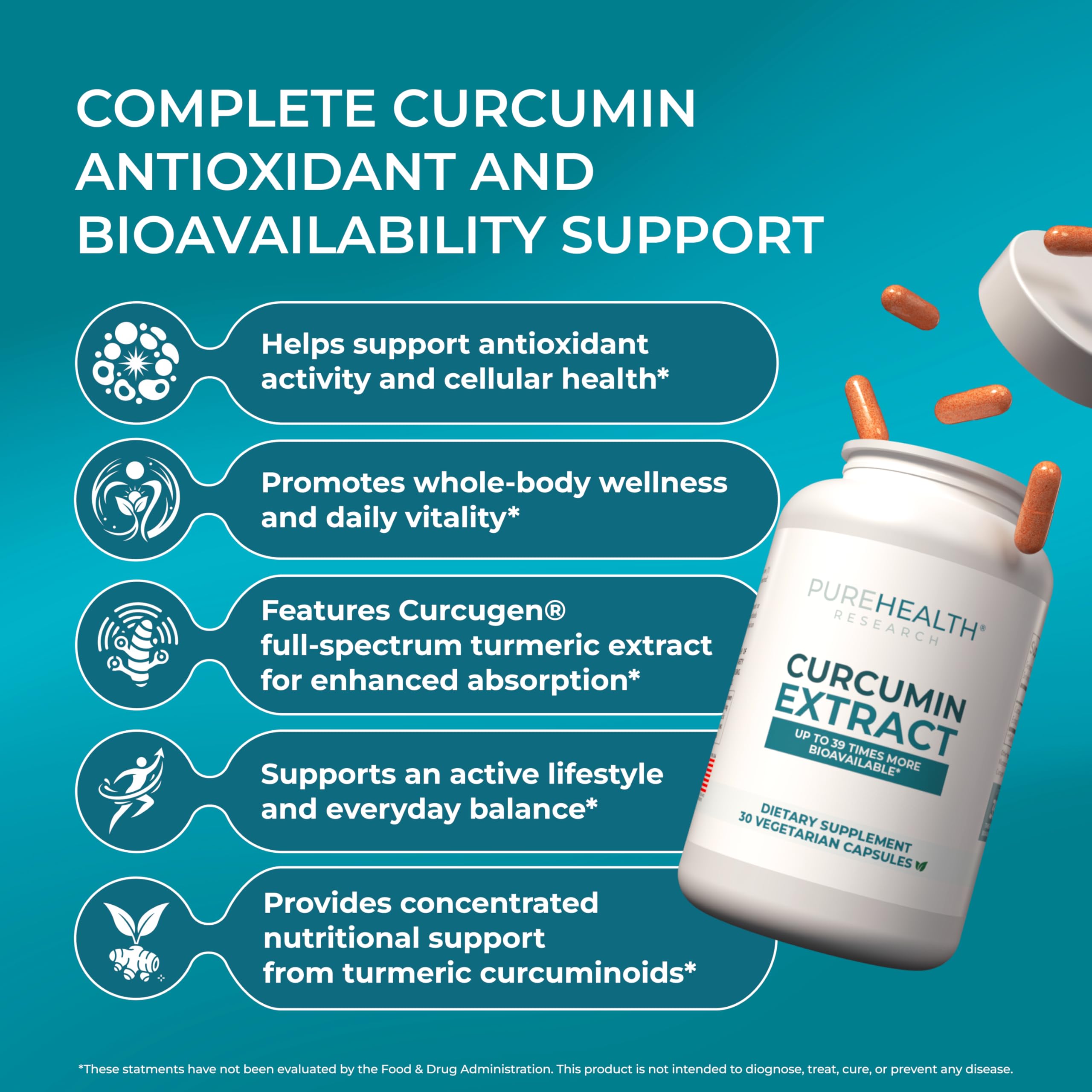 PureHealth Research Curcumin Extract etiqueta de ingredientes con origen orgánico.