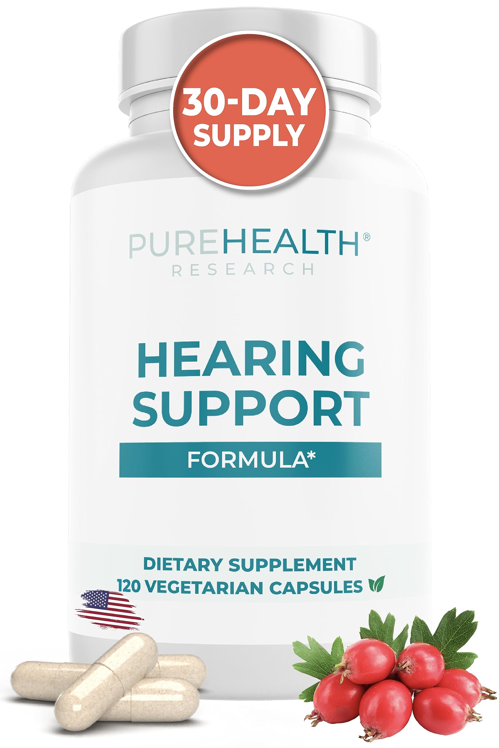 PUREHEALTH RESEARCH Fórmula de Apoyo Auditivo, botella con etiqueta visible para uso diario.