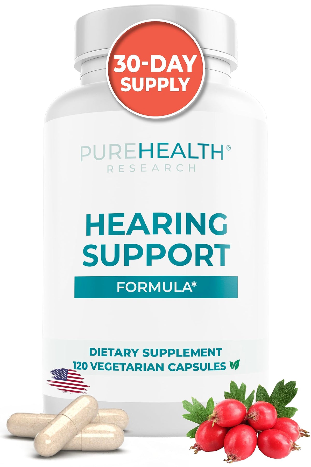 PUREHEALTH RESEARCH Fórmula de Apoyo Auditivo, botella con etiqueta visible para uso diario.