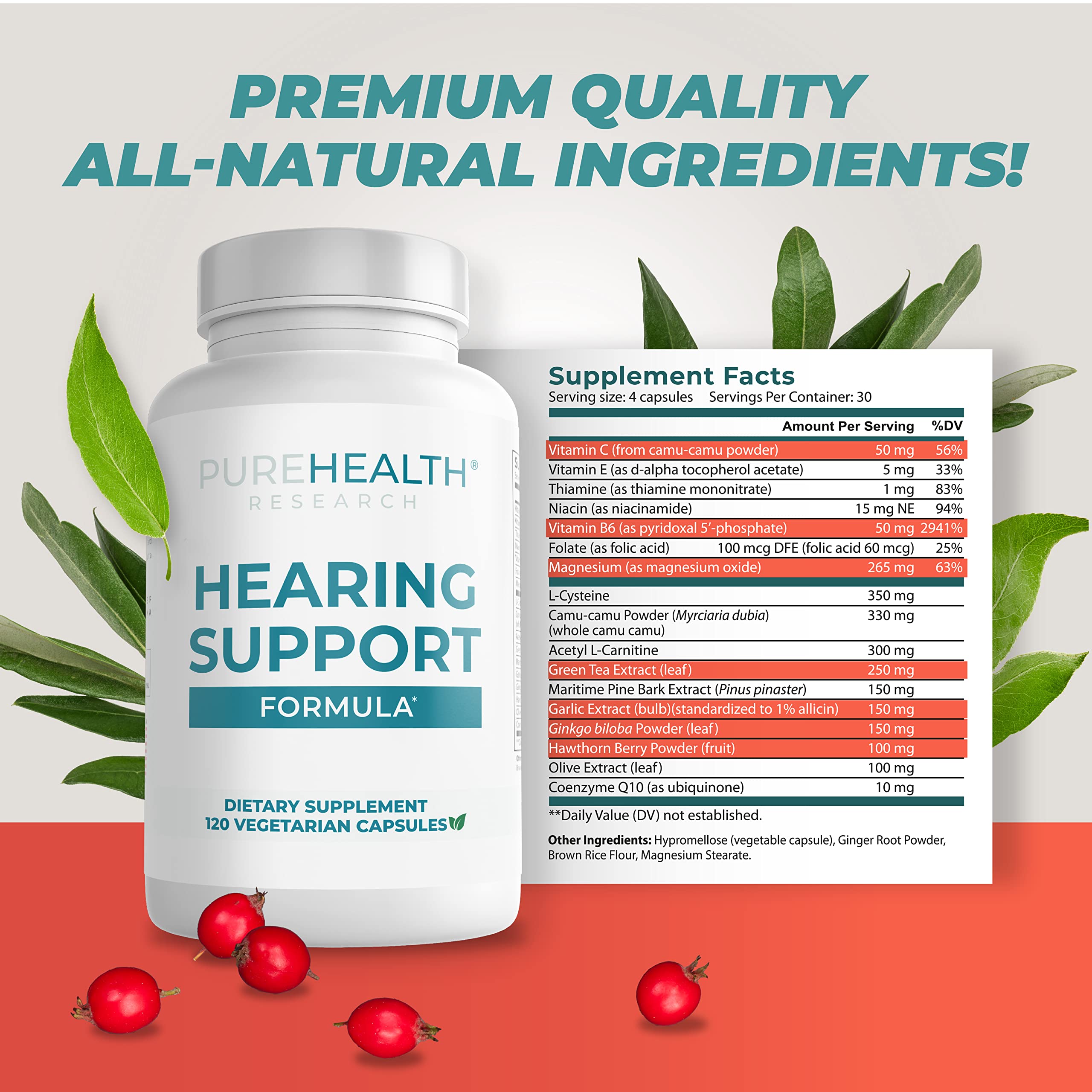 PUREHEALTH RESEARCH Fórmula de Apoyo Auditivo: ingredientes naturales de flavonoides visibles.