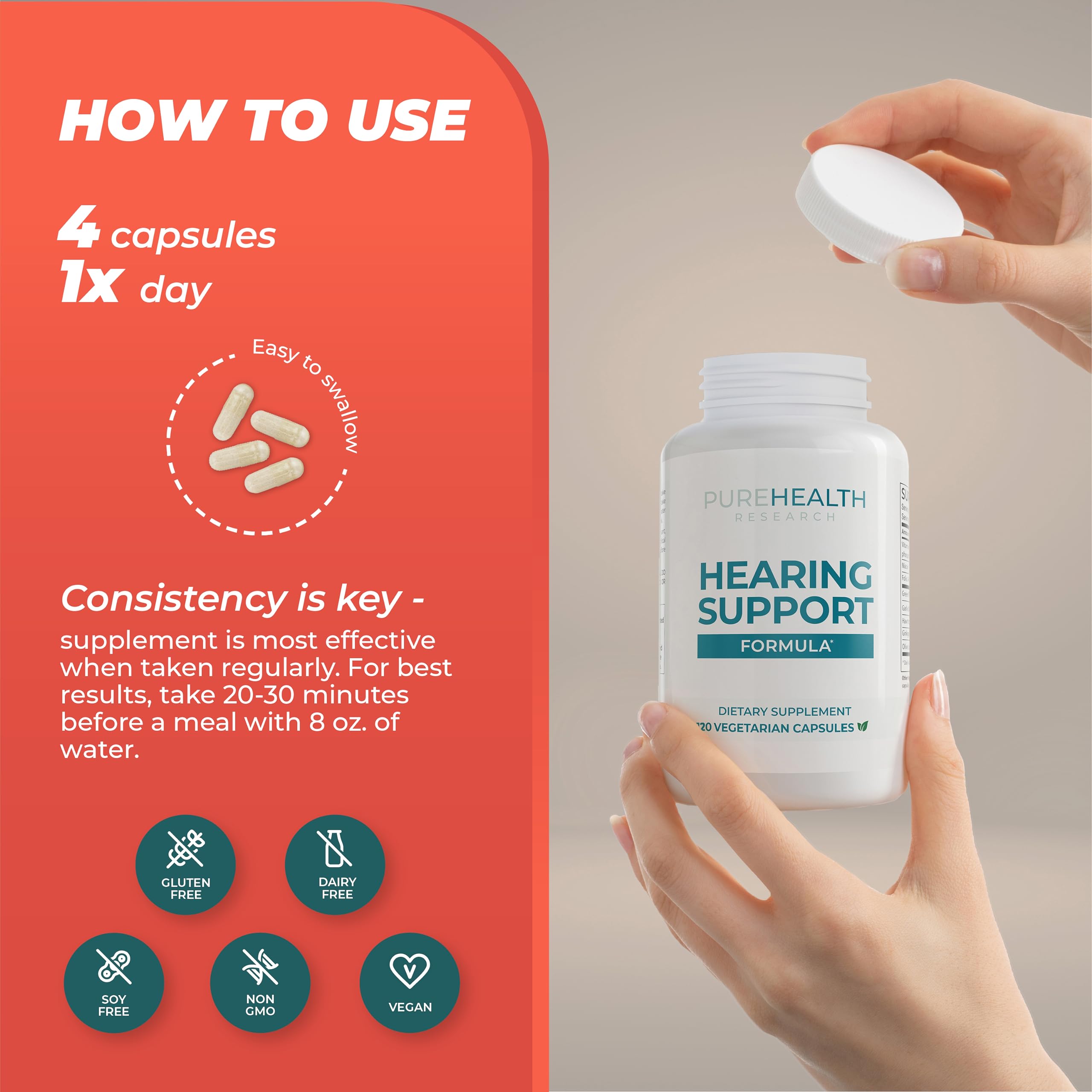 PUREHEALTH RESEARCH Fórmula de Apoyo Auditivo: toma con agua para rutina diaria.