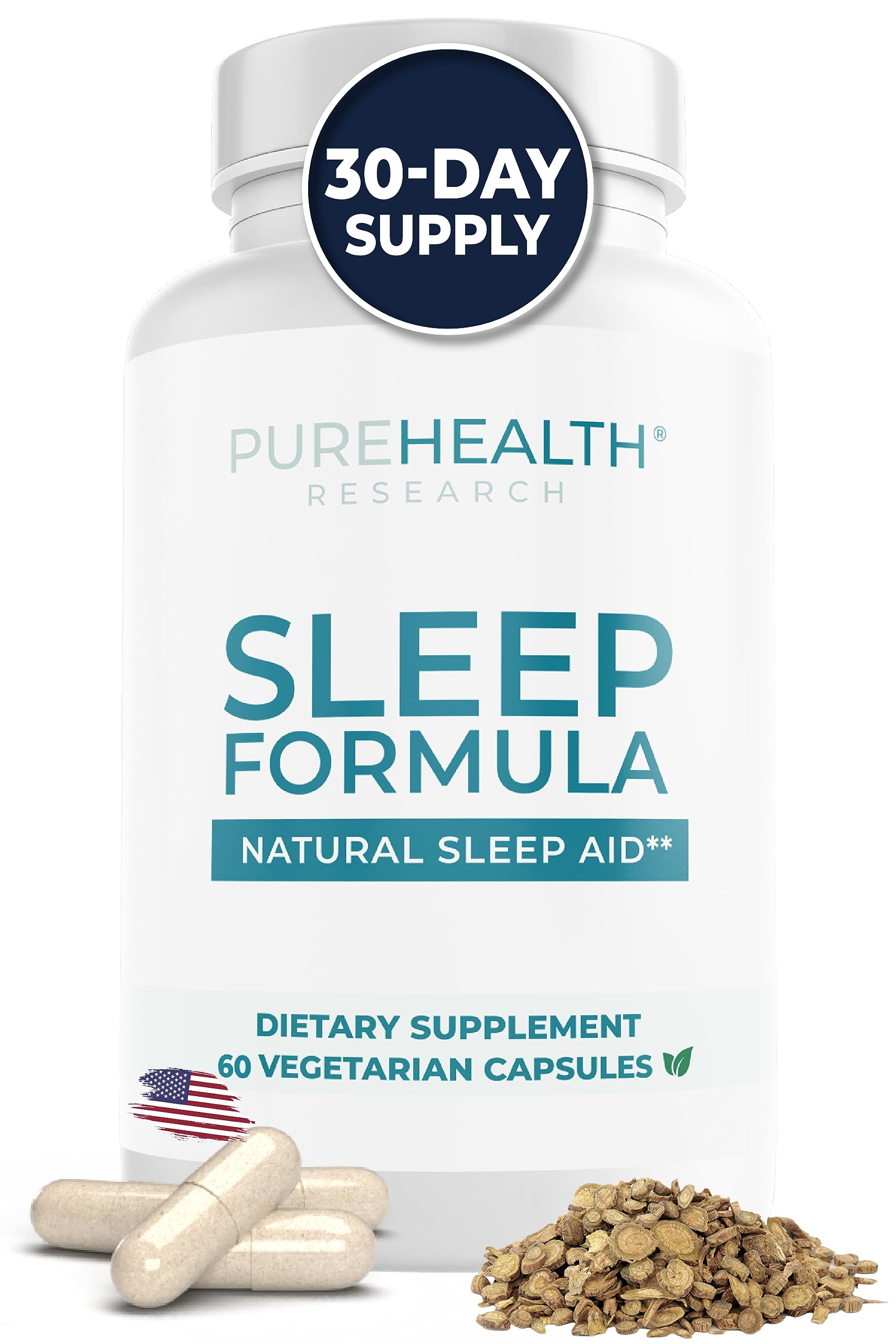 PUREHEALTH RESEARCH Fórmula de Sueño en botella frontal para iniciar el descanso con calma.