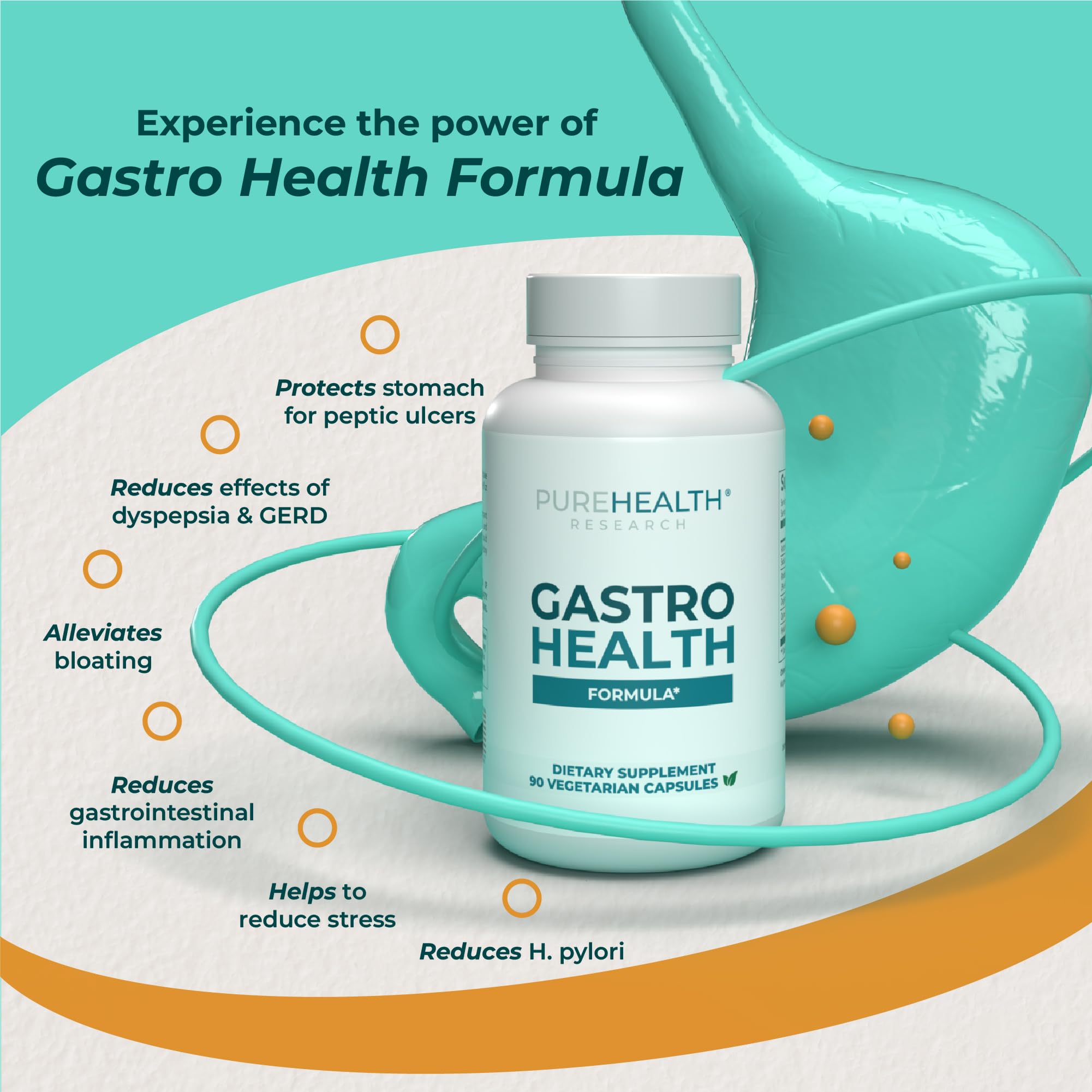 PUREHEALTH Gastro Health Formula: fabricado en EEUU, apto para dietas diversas, libre de gluten y lácteos, vegetariano.