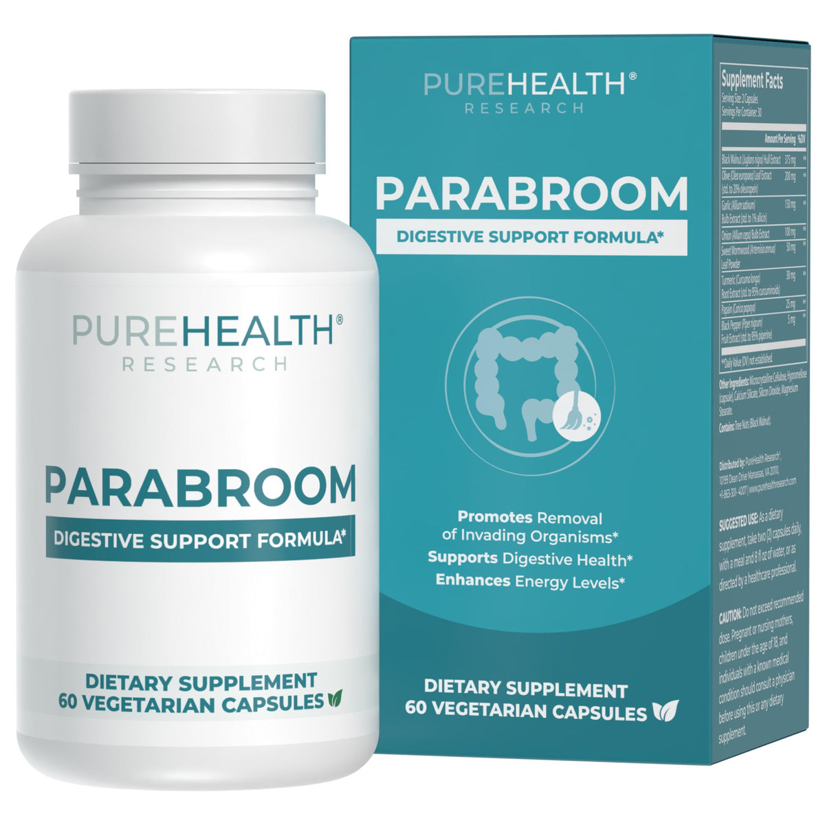PUREHEALTH RESEARCH Parabroom, bote de 60 cápsulas, apoyo digestivo diario.