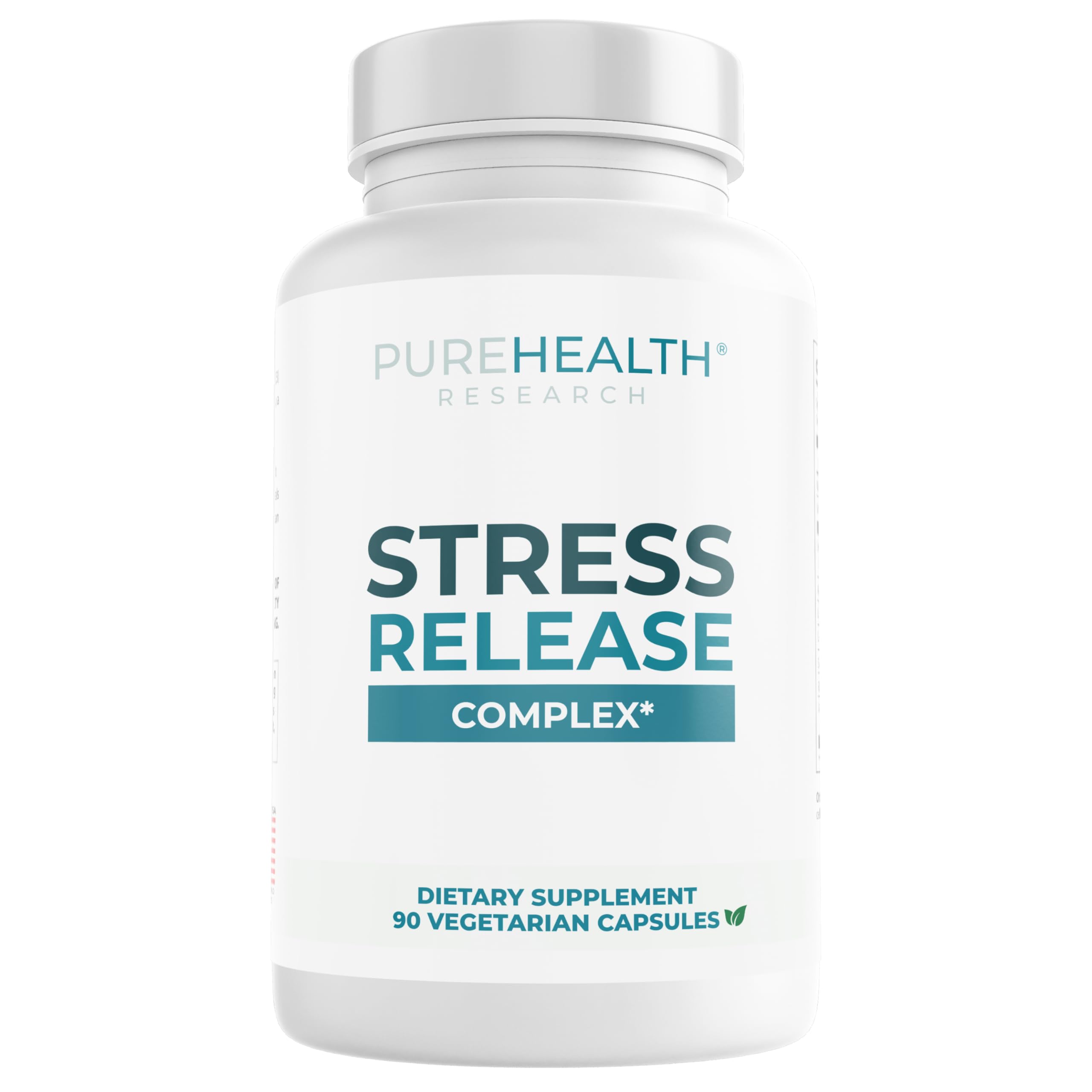PUREHEALTH RESEARCH Stress Release Complex, botella frontal, apoyo diario frente al estrés.