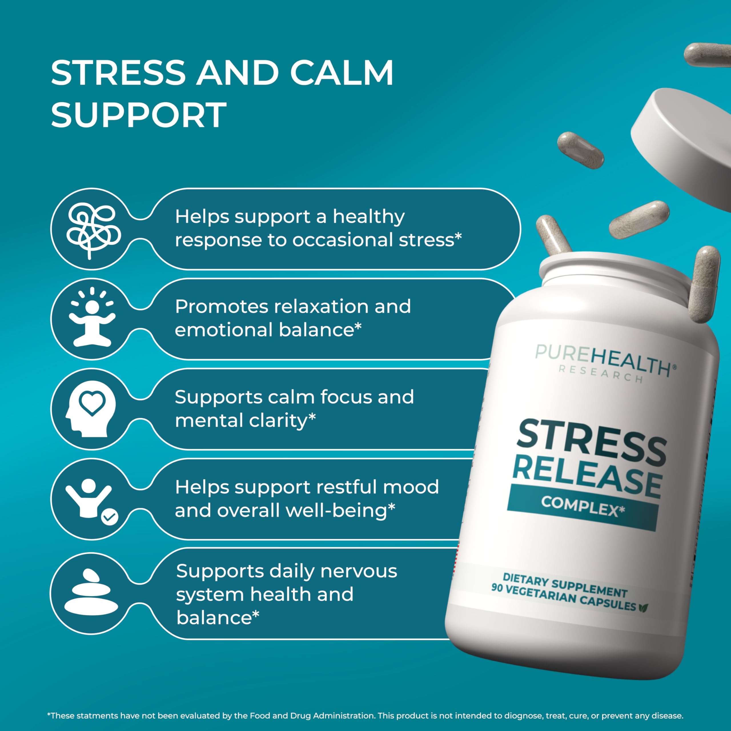 PUREHEALTH RESEARCH Stress Release Complex, etiqueta detallada con indicaciones claras.
