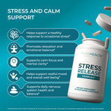PUREHEALTH RESEARCH Stress Release Complex, etiqueta detallada con indicaciones claras.