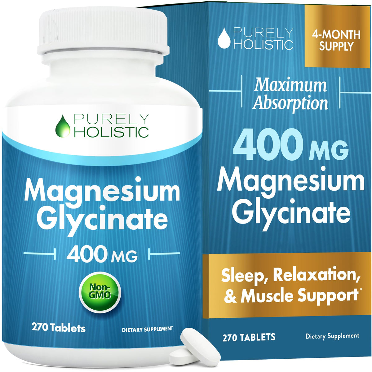 Purely Holistic Magnesio Glicinato 400 mg en botella, ideal para uso diario.