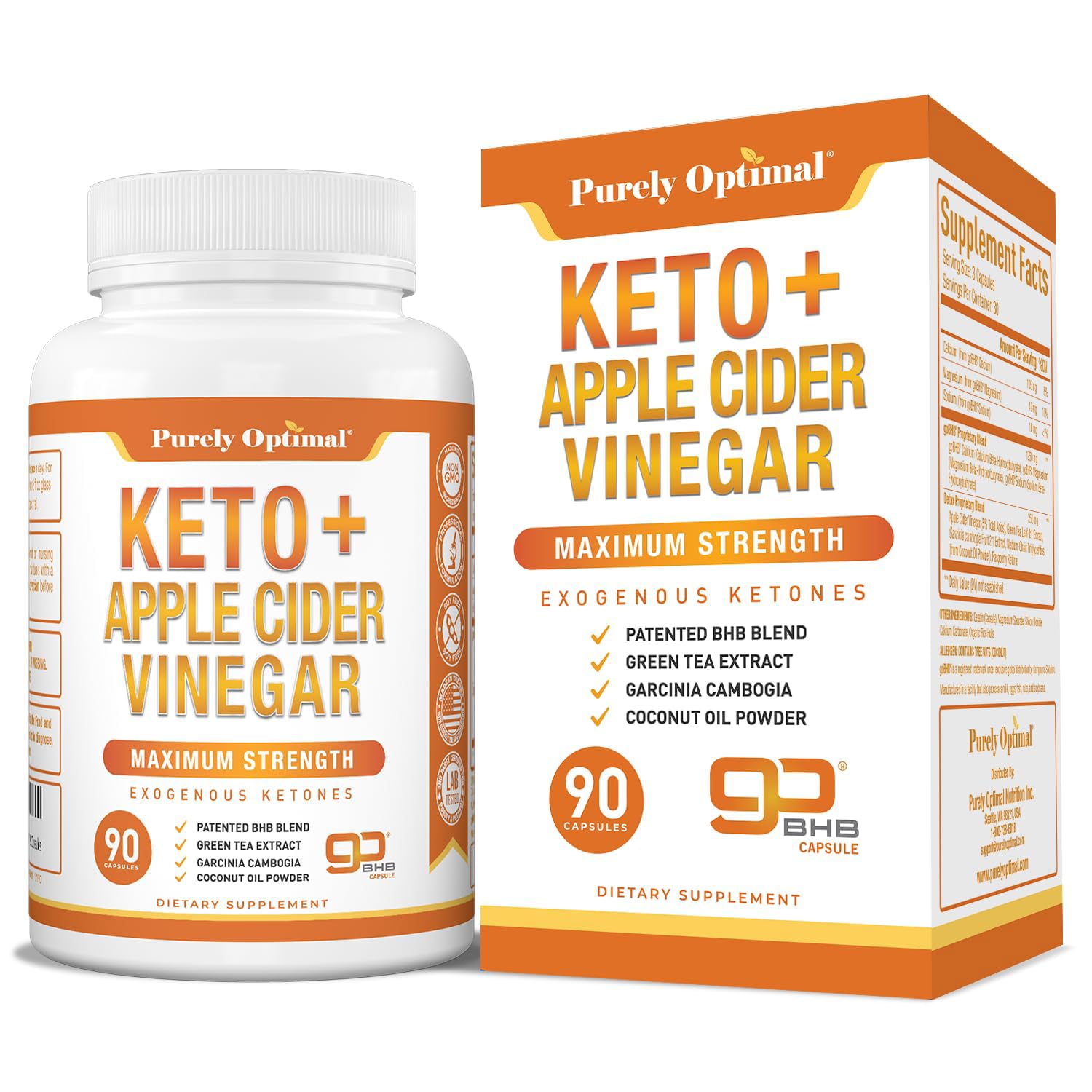 Botella de Purely Optimal Keto BHB y ACV para apoyo diario saludable.
