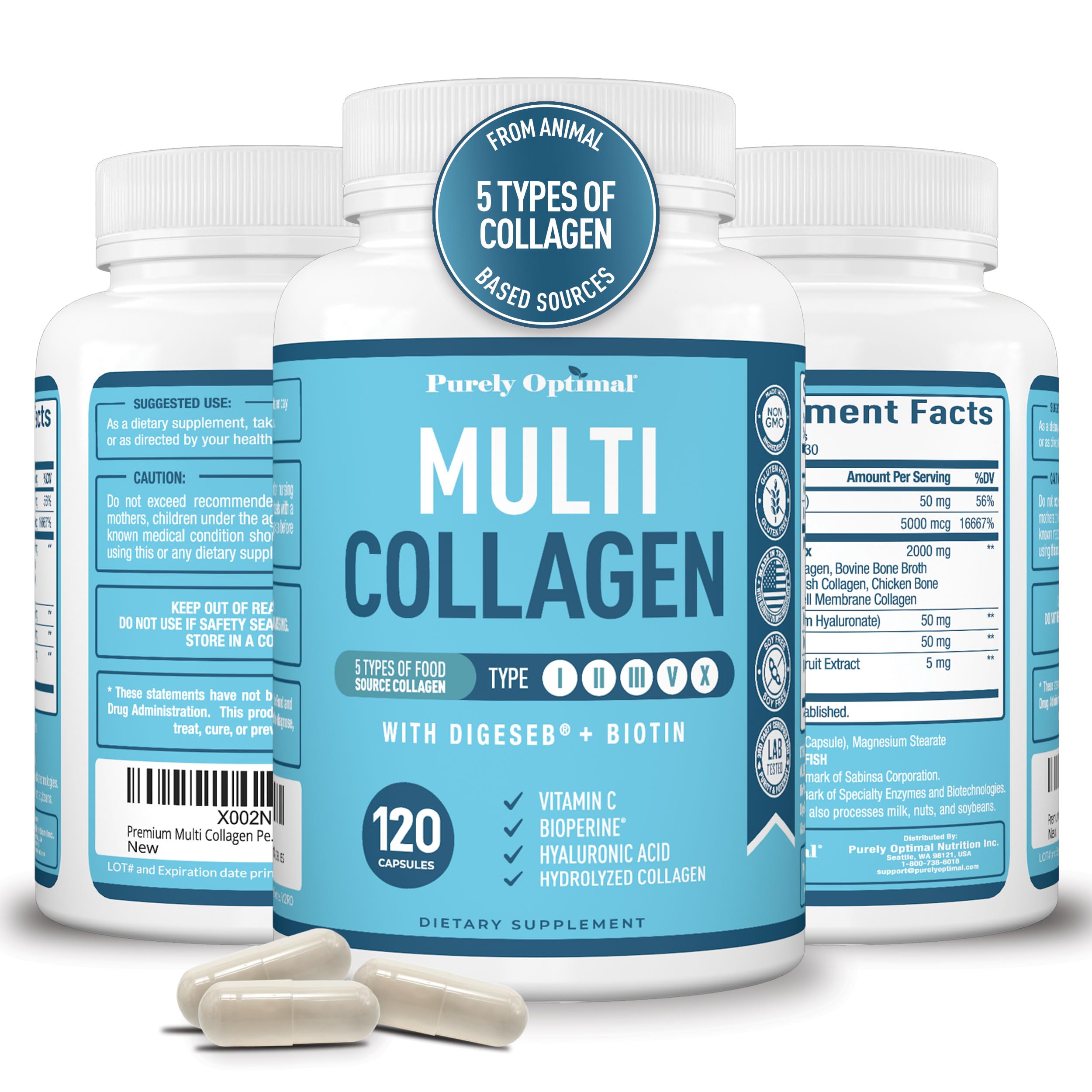 Purely Optimal Premium Multi Collagen Peptides en botella para piel y cabello