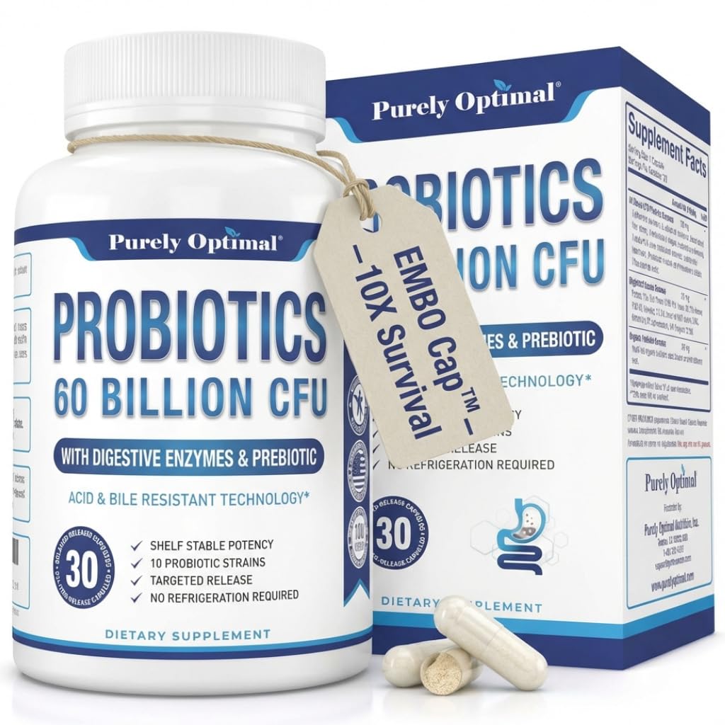 Purely Optimal Probiotics: botella de cápsulas, soporte digestivo diario.