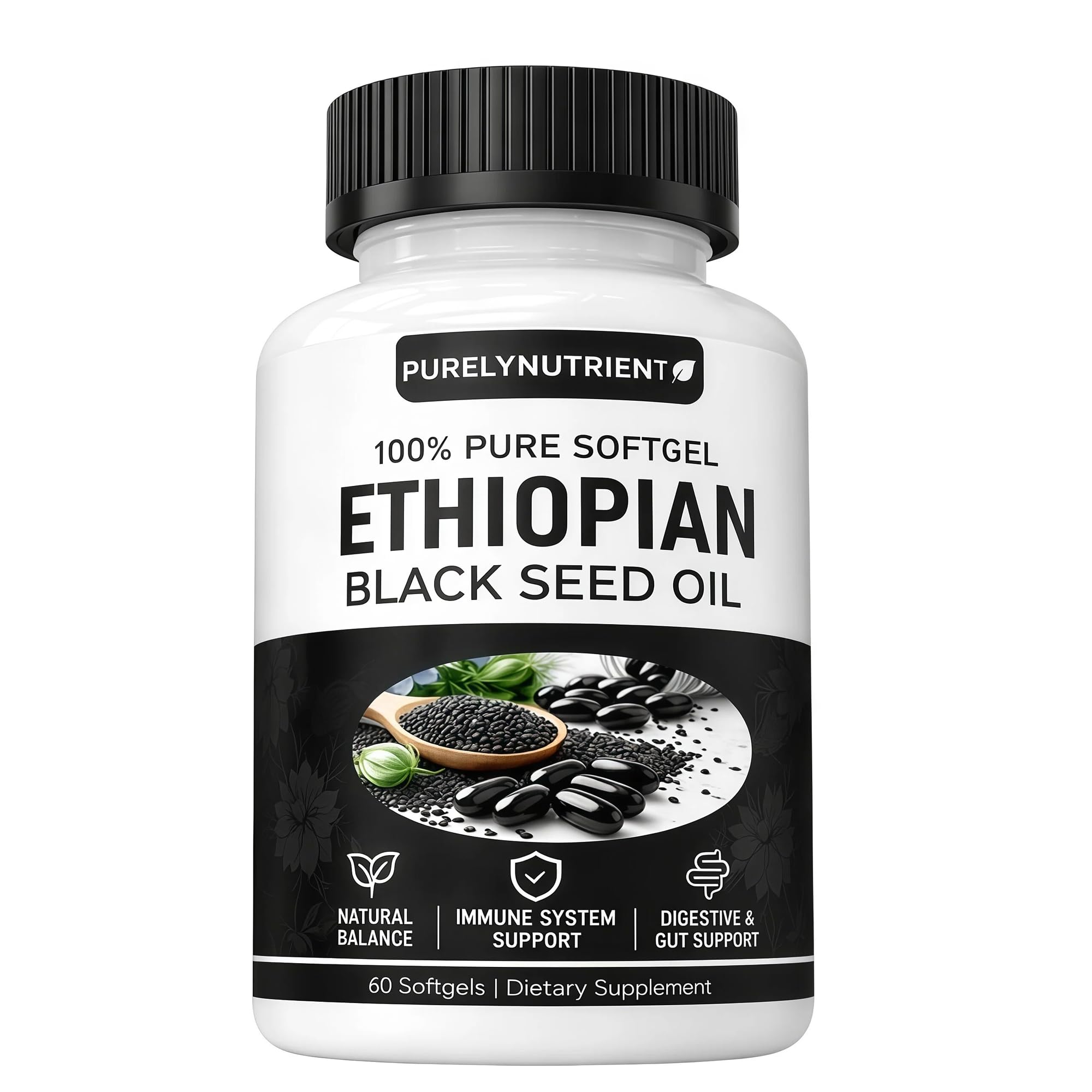 Botella PURELYNUTRIENT de aceite de semilla negra etíope para uso diario.