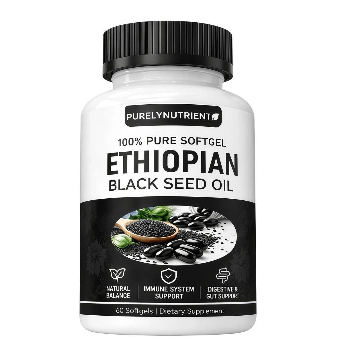 Botella PURELYNUTRIENT de aceite de semilla negra etíope para uso diario.