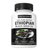 Botella PURELYNUTRIENT de aceite de semilla negra etíope para uso diario.