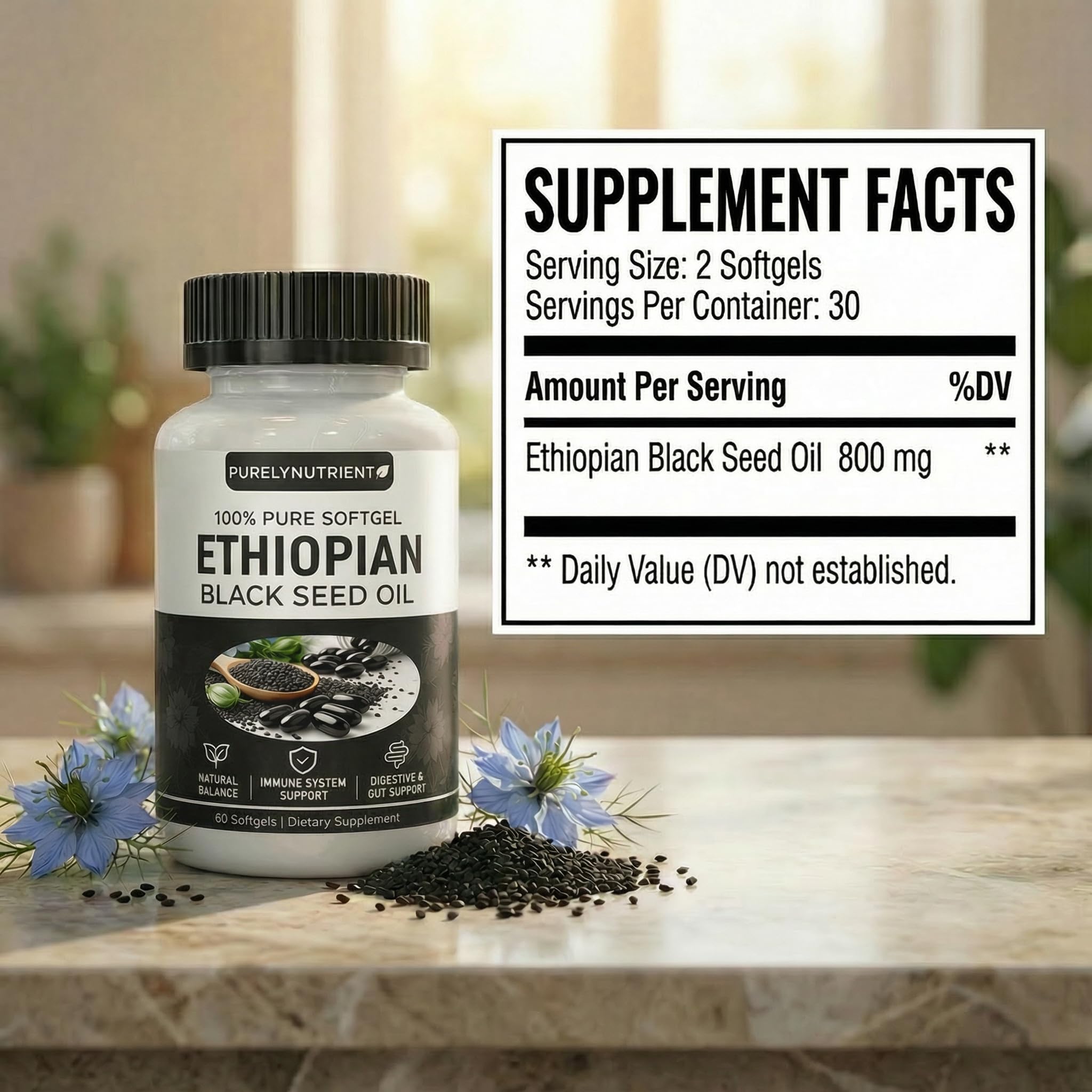 Etiqueta PURELYNUTRIENT con información clara sobre el aceite etíope.