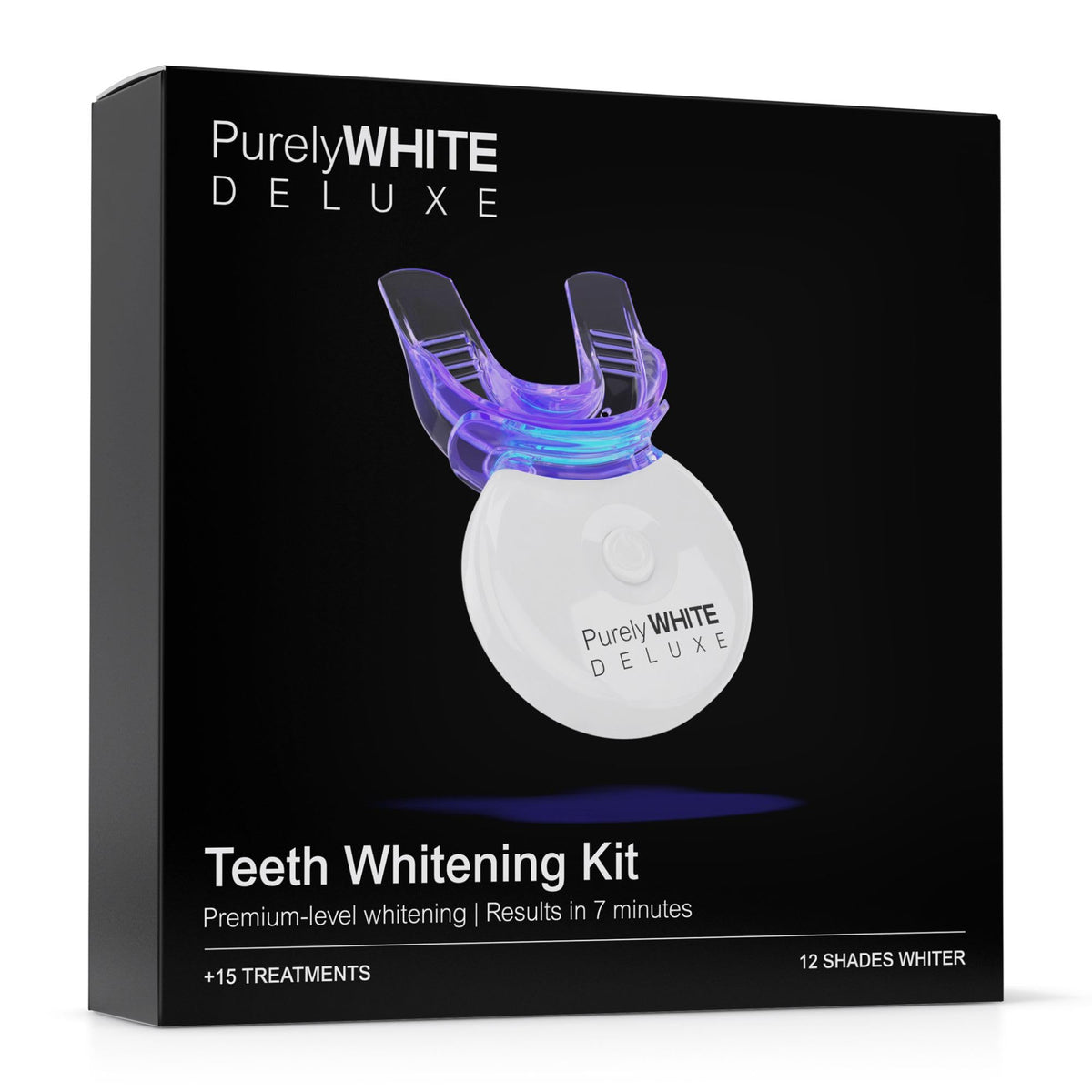 PurelyWHITE DELUXE kit blanqueamiento dental, uso en casa para resultados visibles.