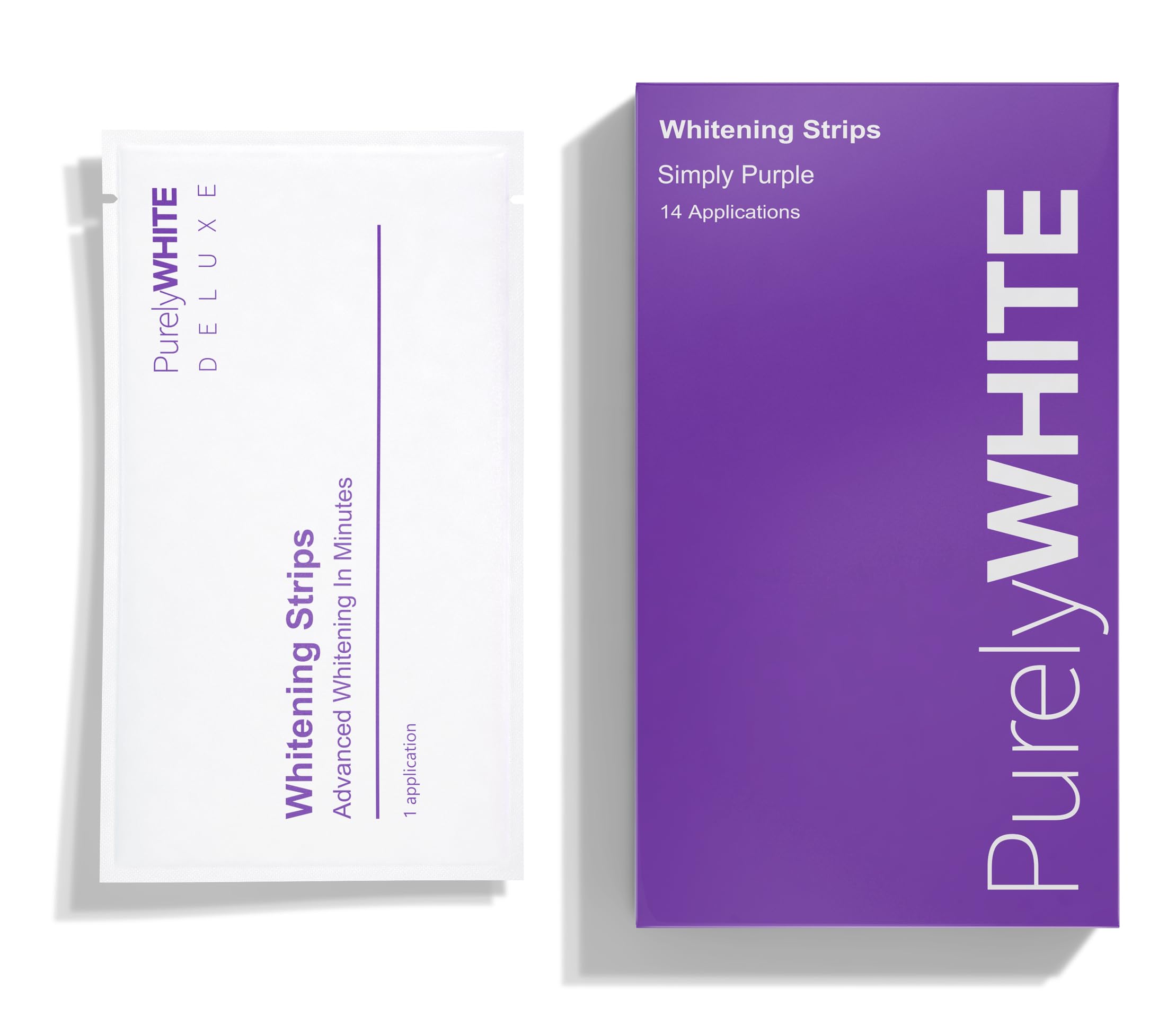 PurelyWHITE DELUXE: tiras moradas de blanqueamiento dental para resultados suaves.