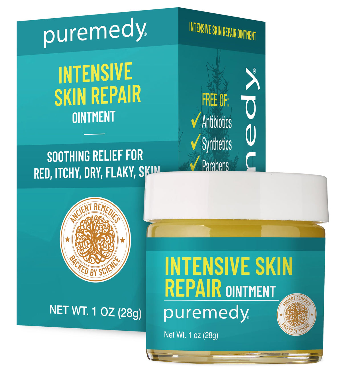Puremedy ungüento reparador de piel intenso en envase de 1 oz para uso diario.