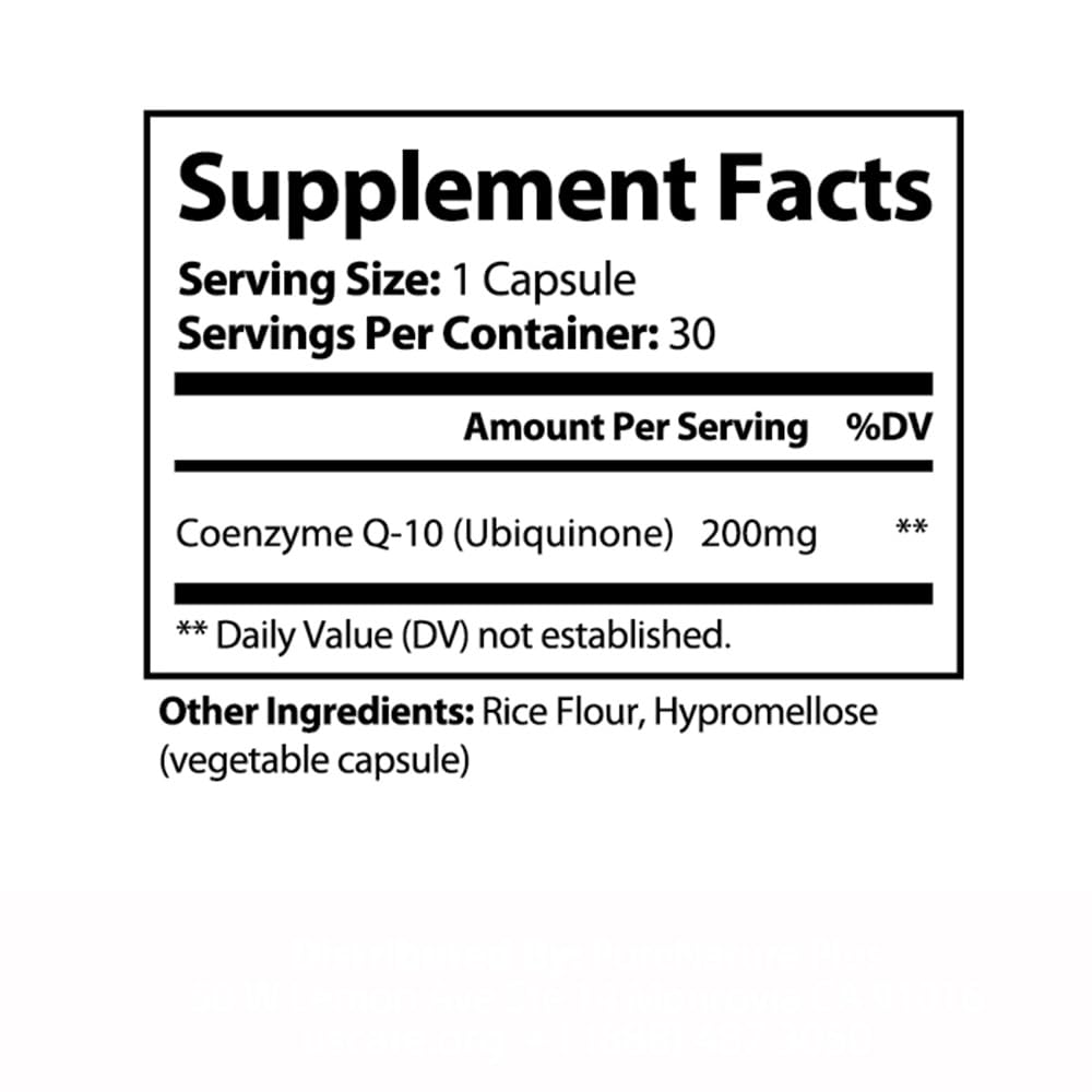 PureNature CoQ10 200mg en etiqueta: uso diario para mantener energía.