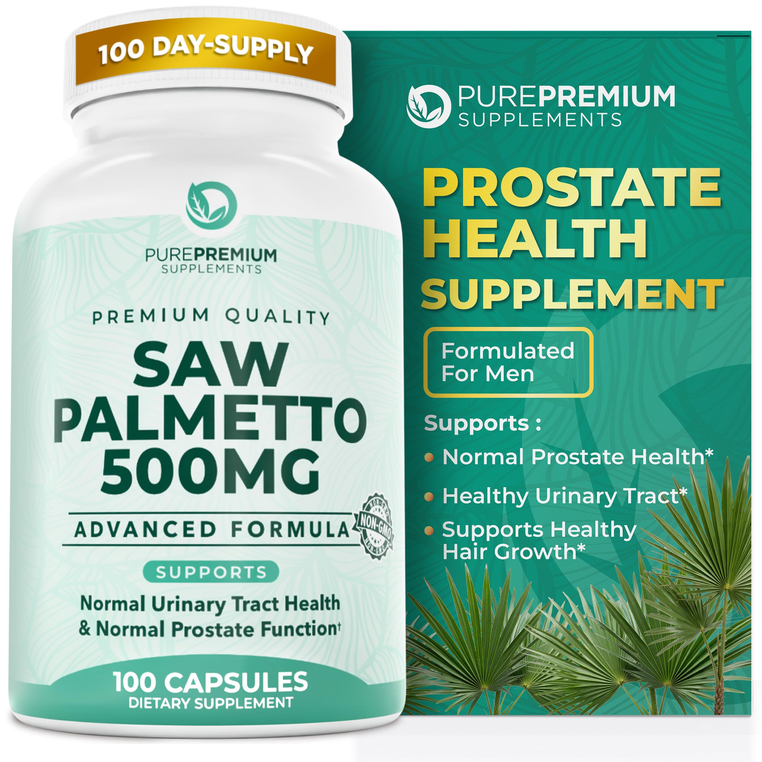 PurePremium Saw Palmetto 500 mg: cápsulas en botella para consumo diario.