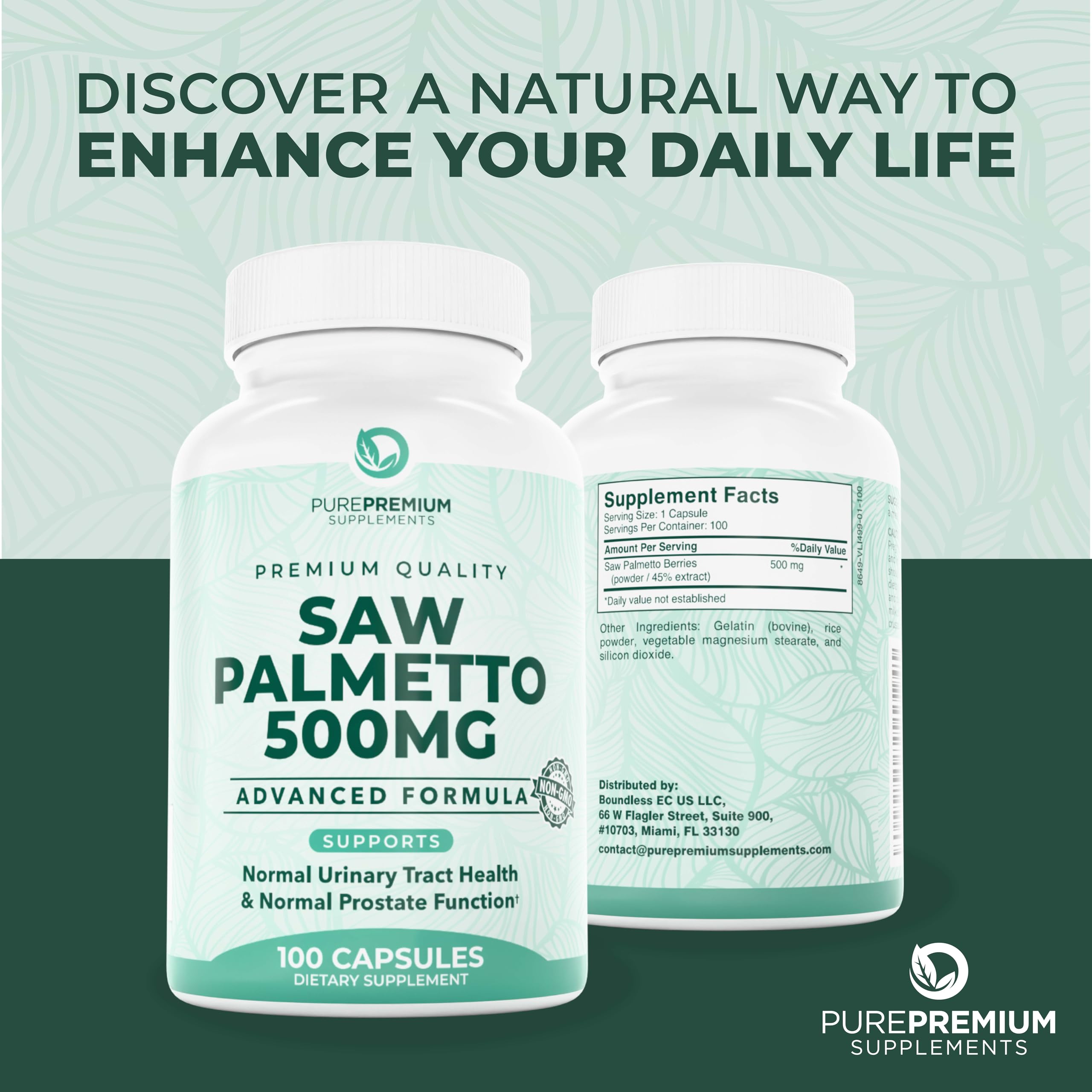 Complemento natural PurePremium Saw Palmetto, producido en EE. UU.
