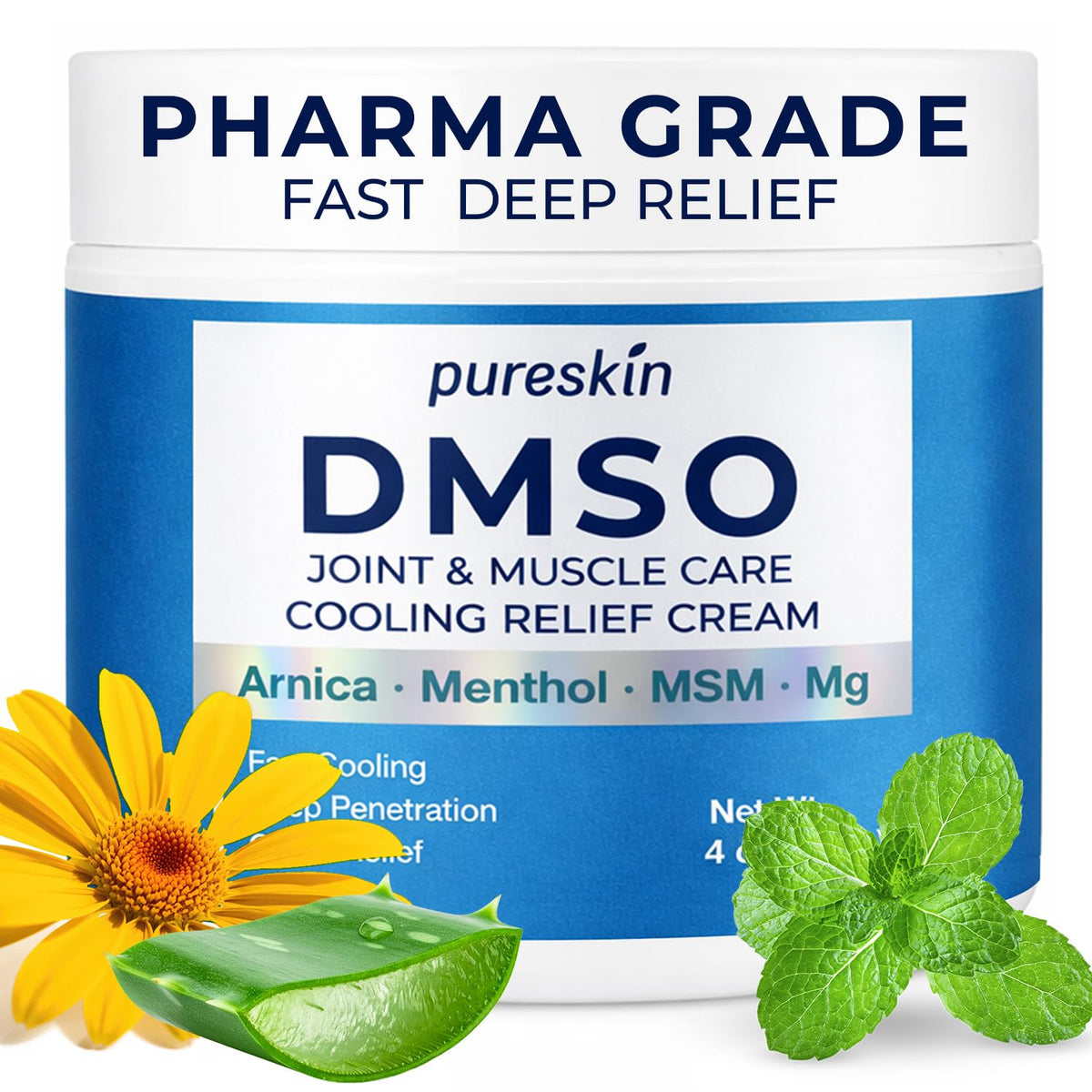 PURESKIN DMSO Relief Cream en botella de 4 oz, sensación refrescante tras la aplicación.