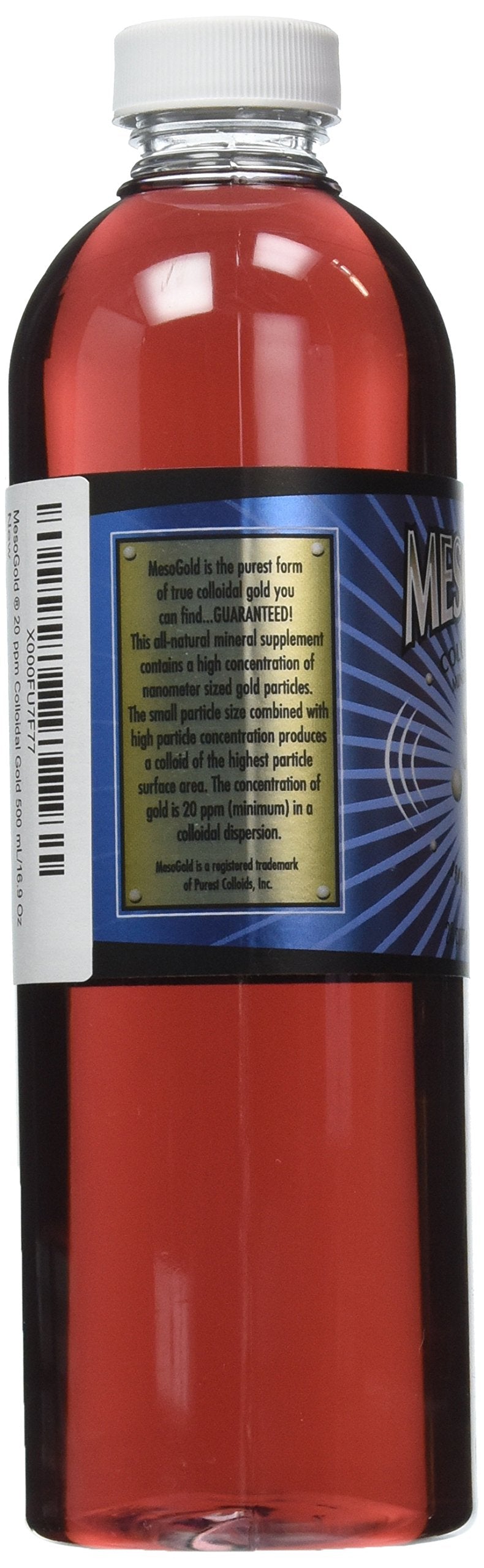 Etiqueta frontal de MesoGold que destaca pureza y origen mineral