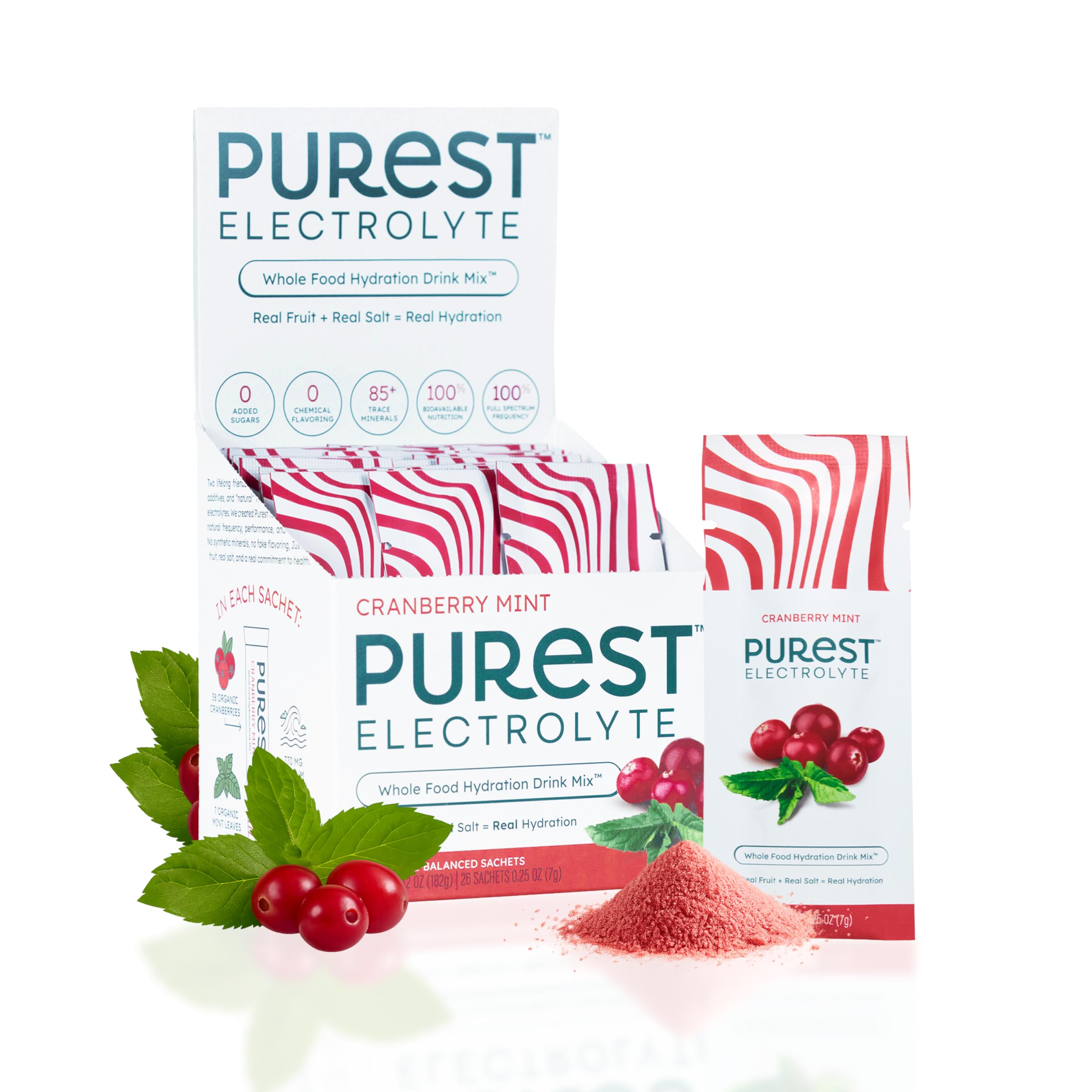 Purest Electrolyte: sobres de cranberry menta para hidratación rápida durante el entrenamiento.