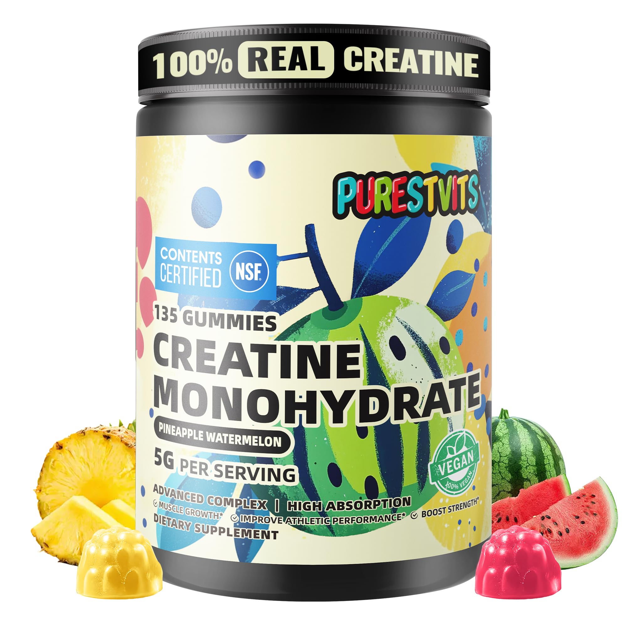 PURESTVITS Creatina Monohidratada: gominolas sabor piña-sandía para energía en entrenamientos