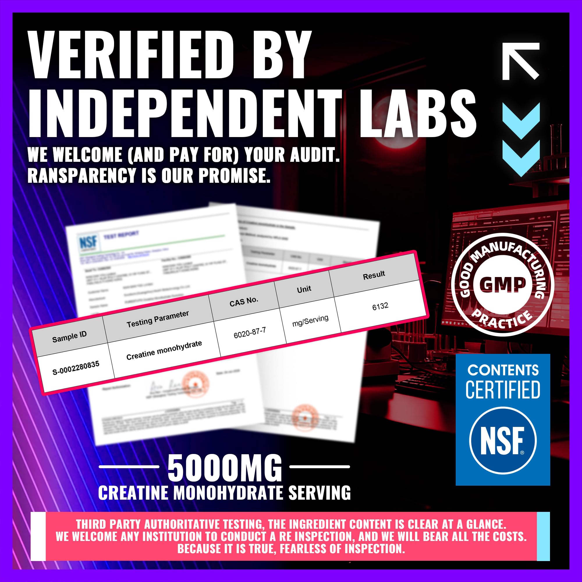 PURESTVITS gominolas creatina monohidrato, certificaciones GMP y NSF que aseguran calidad.