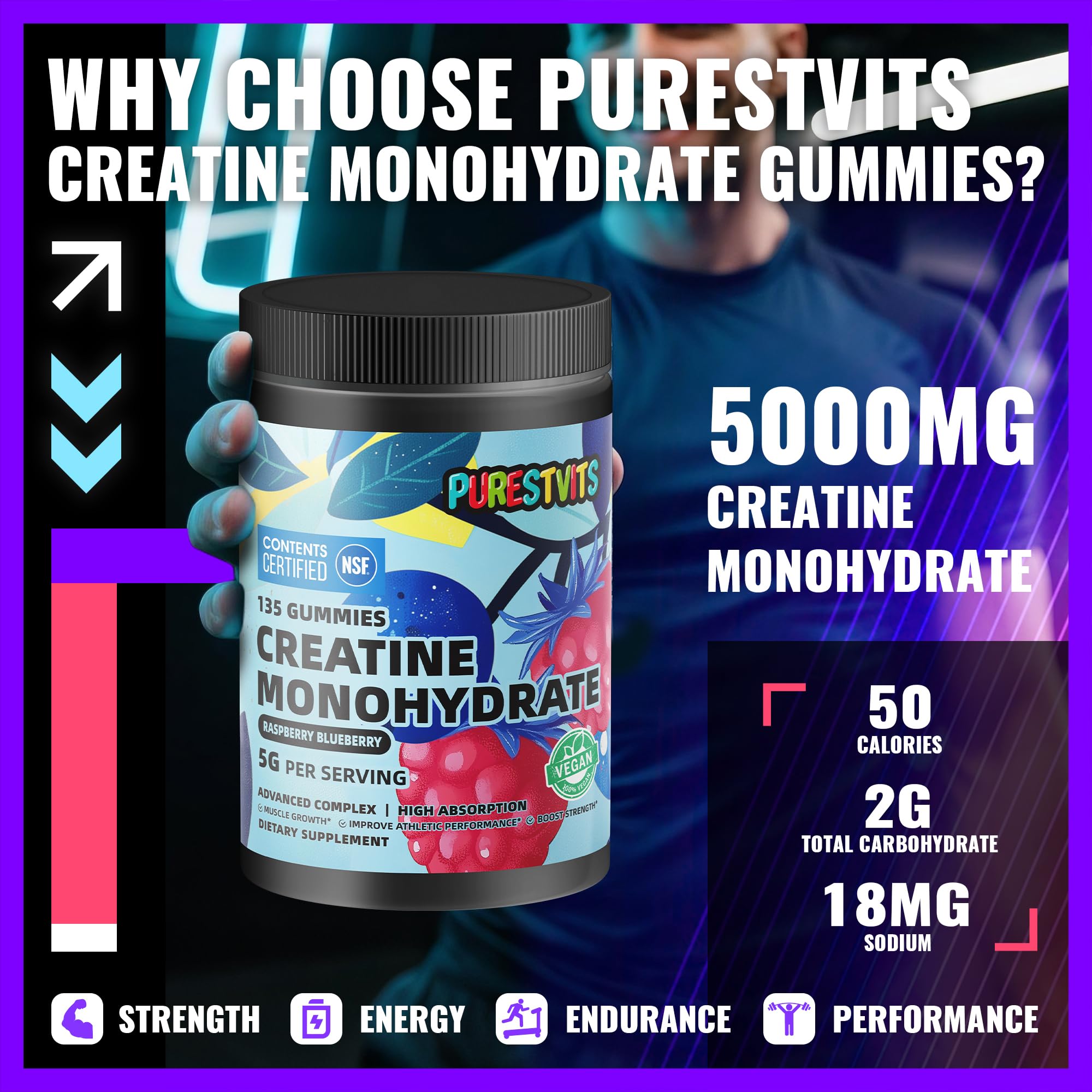 PURESTVITS gominolas creatina monohidrato, sabor Frambuesa-Arándano para energía diaria.