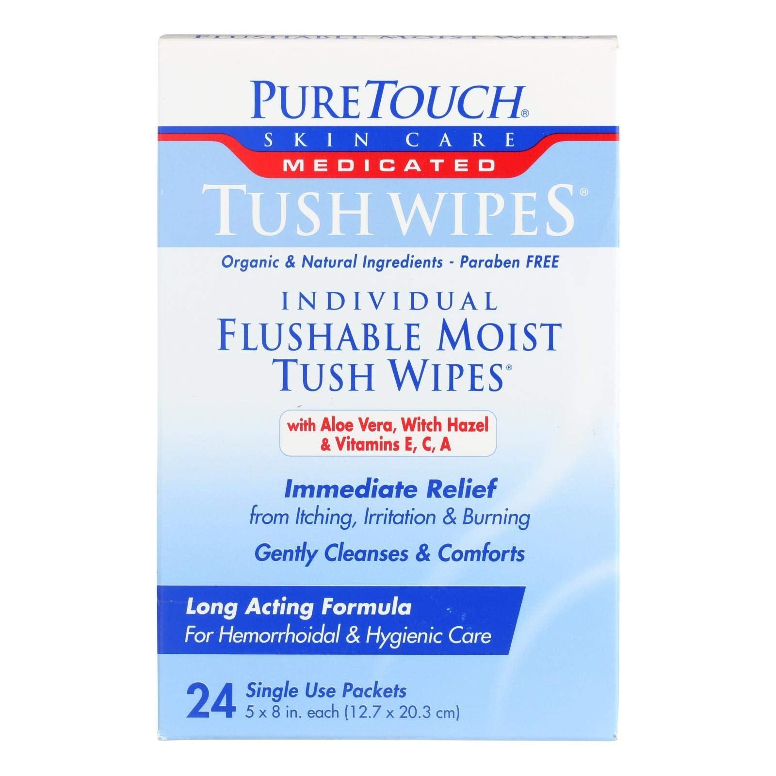 Puretouch: empaque individual de toallitas húmedas para higiene íntima suave.