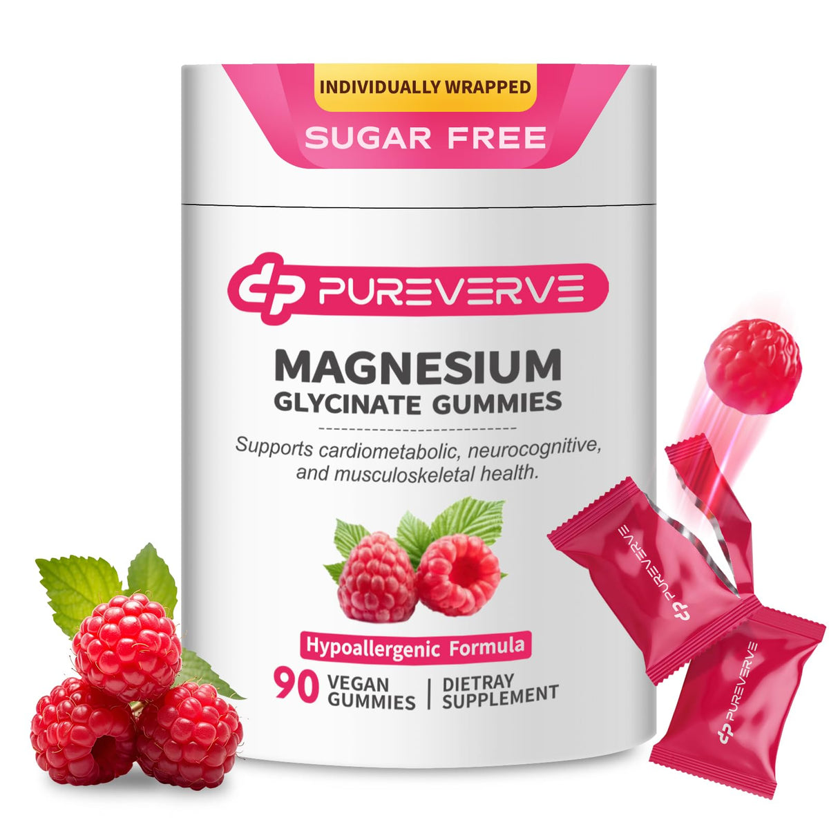 Pureverve magnesio glicinato gominolas en bote de 90 unidades, sabor frambuesa.