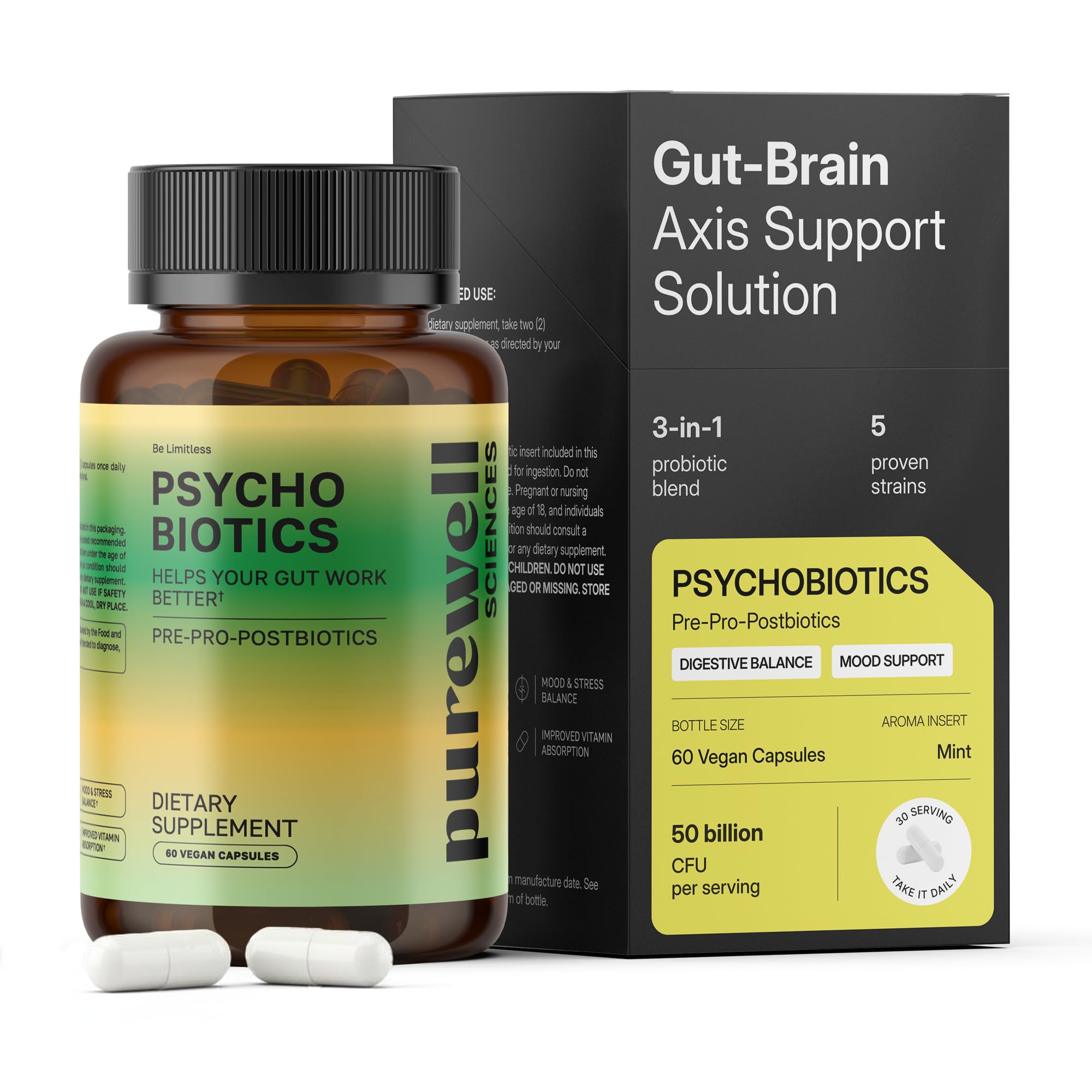 PUREWELL SCIENCES Psychobiotics: botella de cápsulas veganas para uso diario.