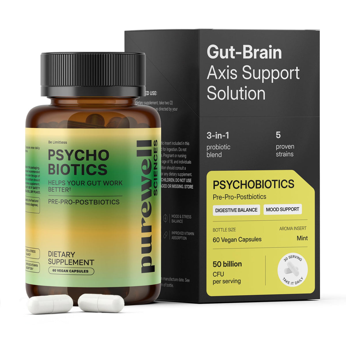 PUREWELL SCIENCES Psychobiotics: botella de cápsulas veganas para uso diario.