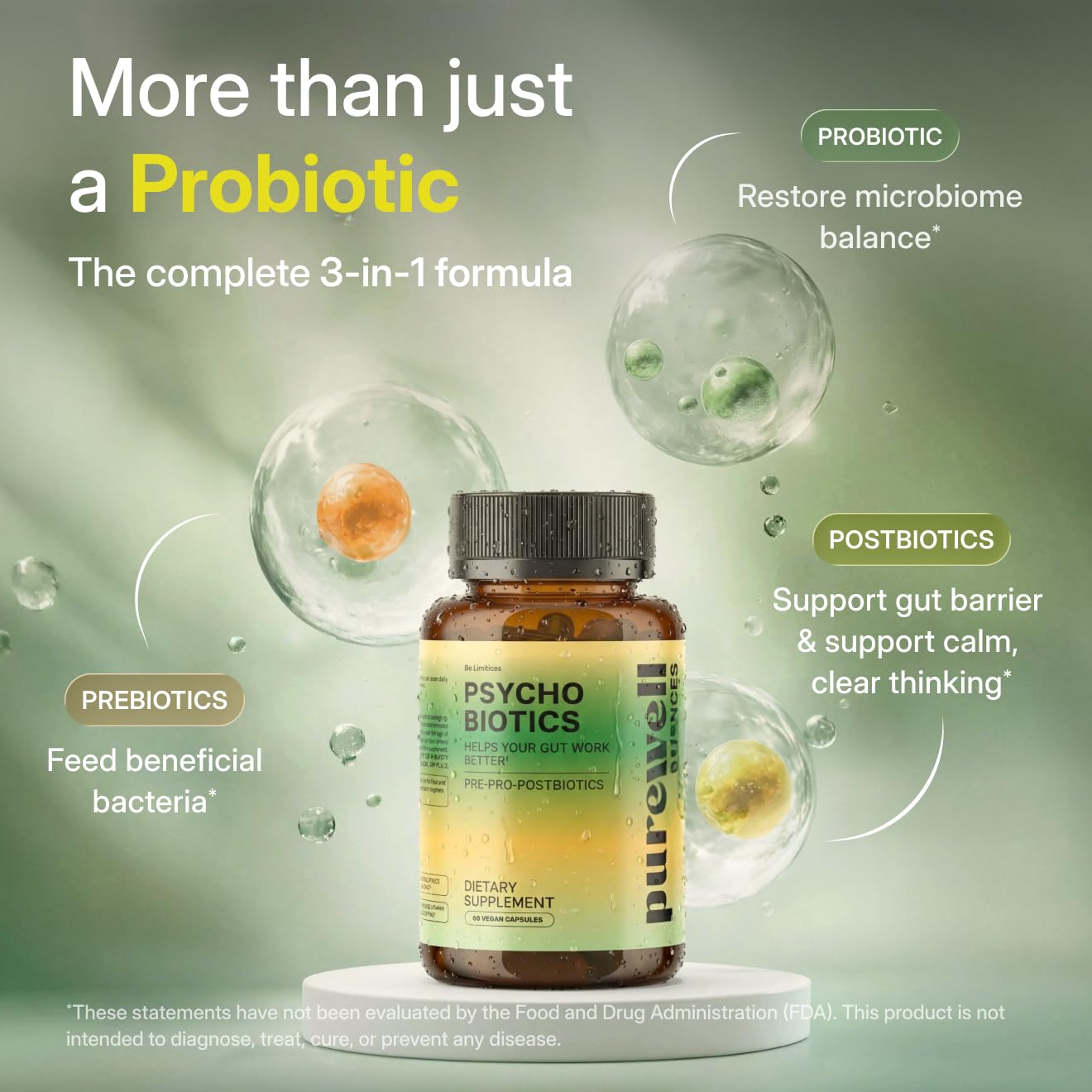 PUREWELL SCIENCES Psychobiotics: cápsulas en mano, formato práctico para uso diario.