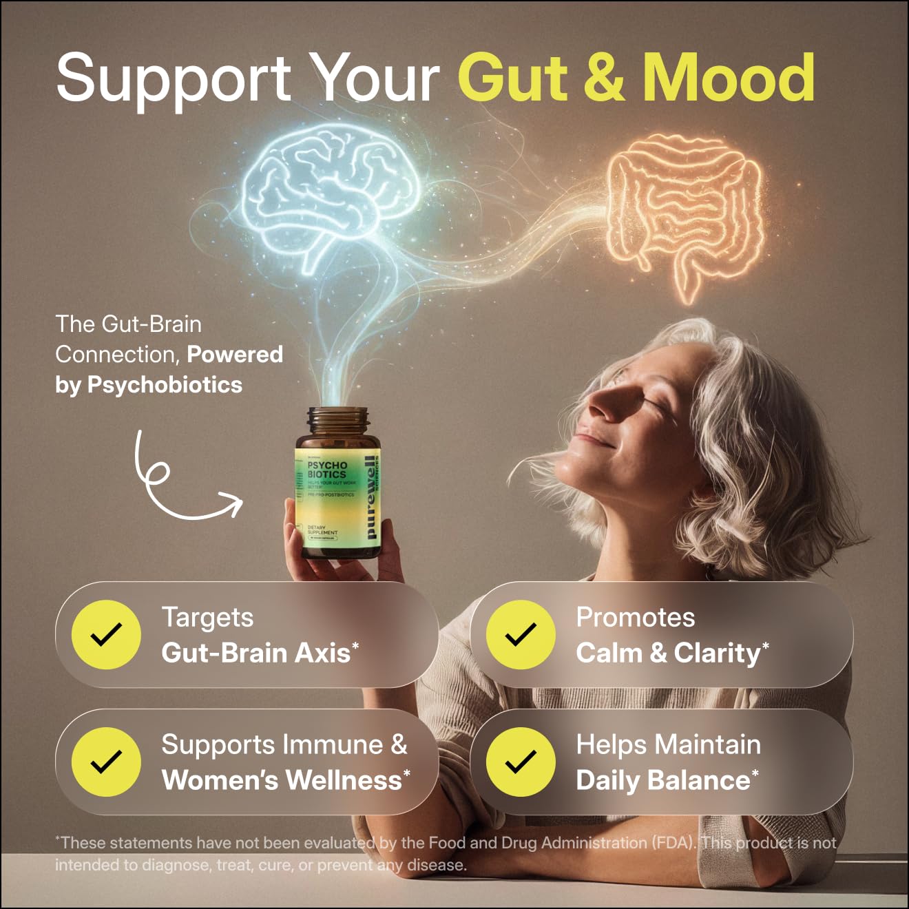 PUREWELL SCIENCES Psychobiotics: detalle de cápsula resistente para entrega al intestino.