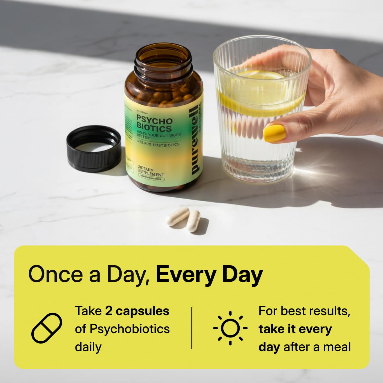 PUREWELL SCIENCES Psychobiotics: etiqueta frontal que destaca su formato vegano.