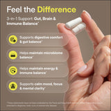 PUREWELL SCIENCES Psychobiotics: etiqueta lateral para lectura rápida de beneficios.