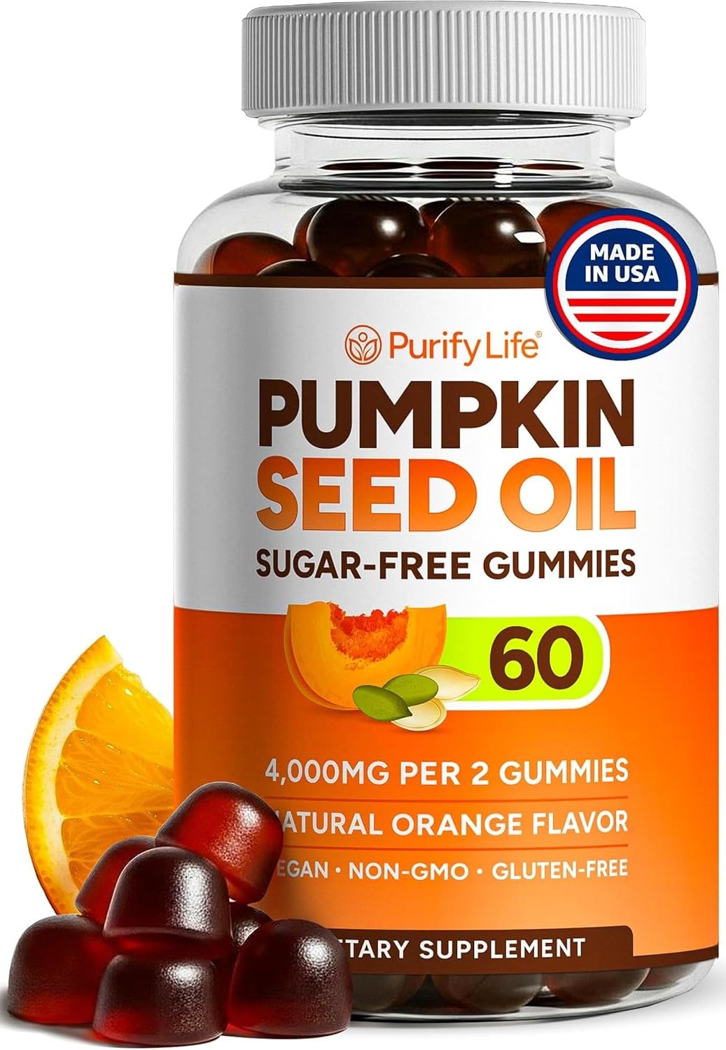 Purify Life gominolas sin azúcar con aceite de calabaza, lista para consumo diario.