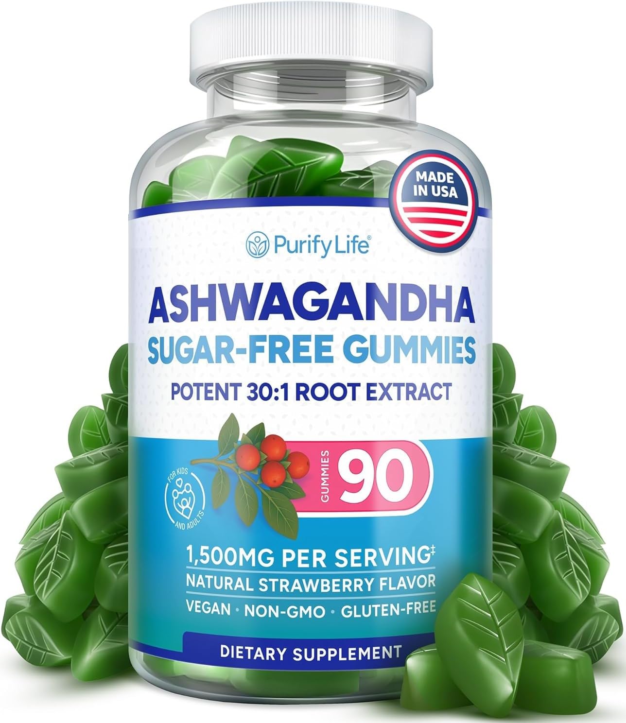Purify Life gomitas ashwagandha sin azúcar con sabor a fresa para calma diaria