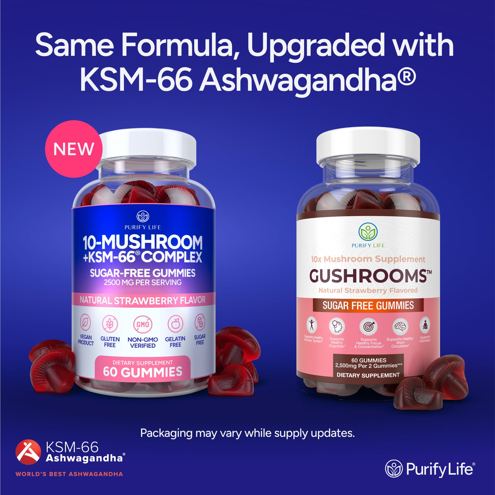 Purify Life gomitas hongo KSM66 Ashwaganda, sabor fresa, apoyo al bienestar.