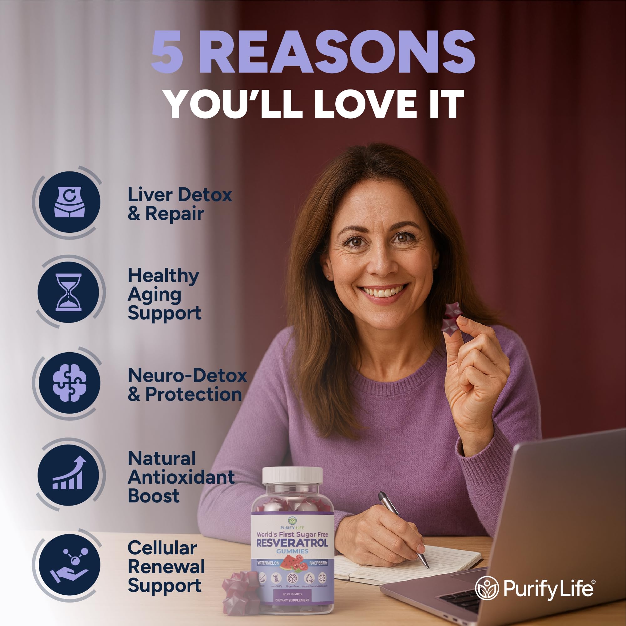Purify Life gomitas resveratrol sin azúcar, dosis diaria fácil de tomar.