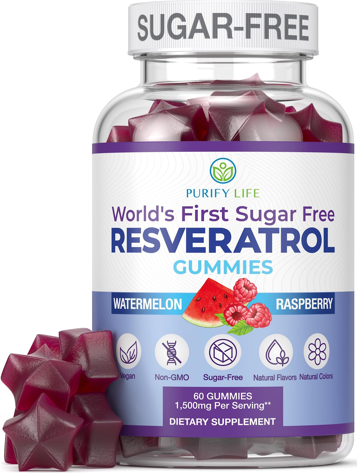 Purify Life gomitas resveratrol sin azúcar envasado, listo para consumo diario.