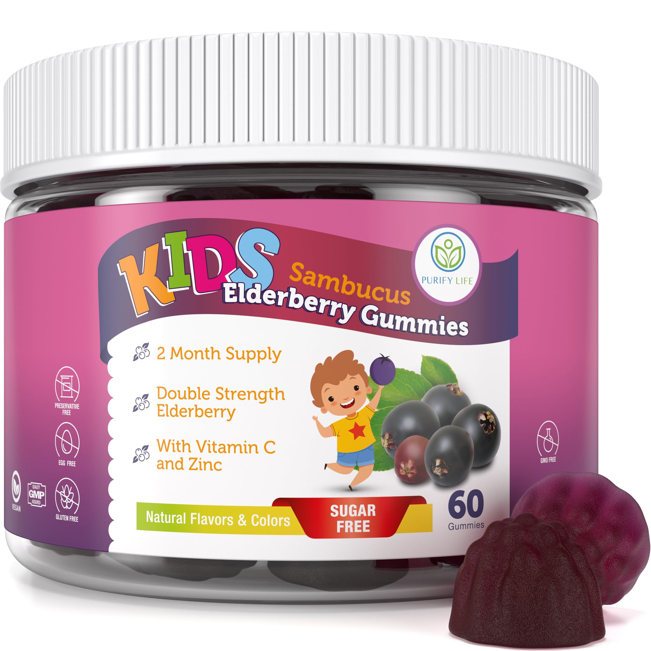 Purify Life gomitas de saúco para niños en bote, sabor agradable y conveniente