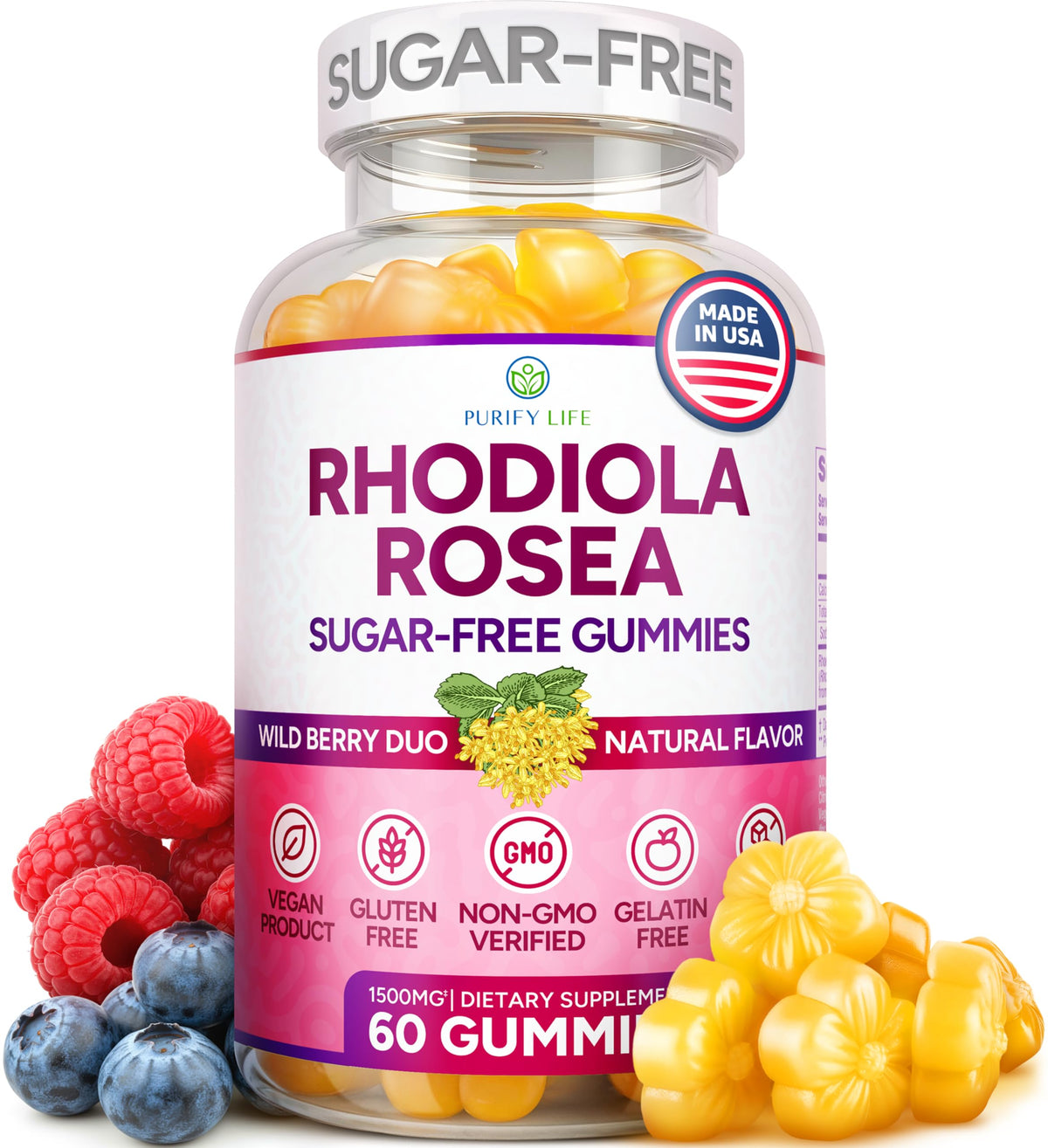 Purify Life Rhodiola Rosea gomitas frente del frasco para energía diaria.