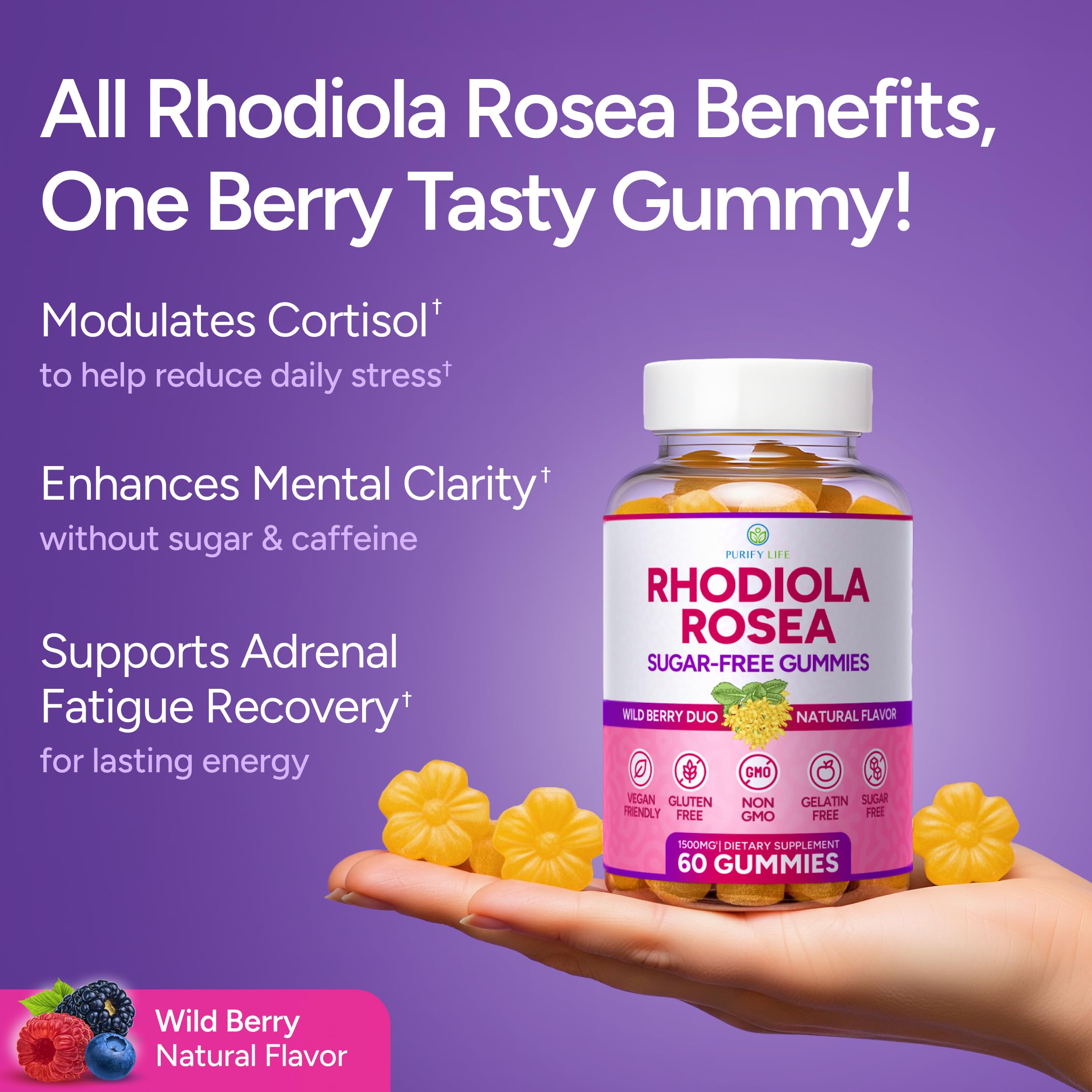Purify Life Rhodiola Rosea gomitas textura suave para consumo diario.