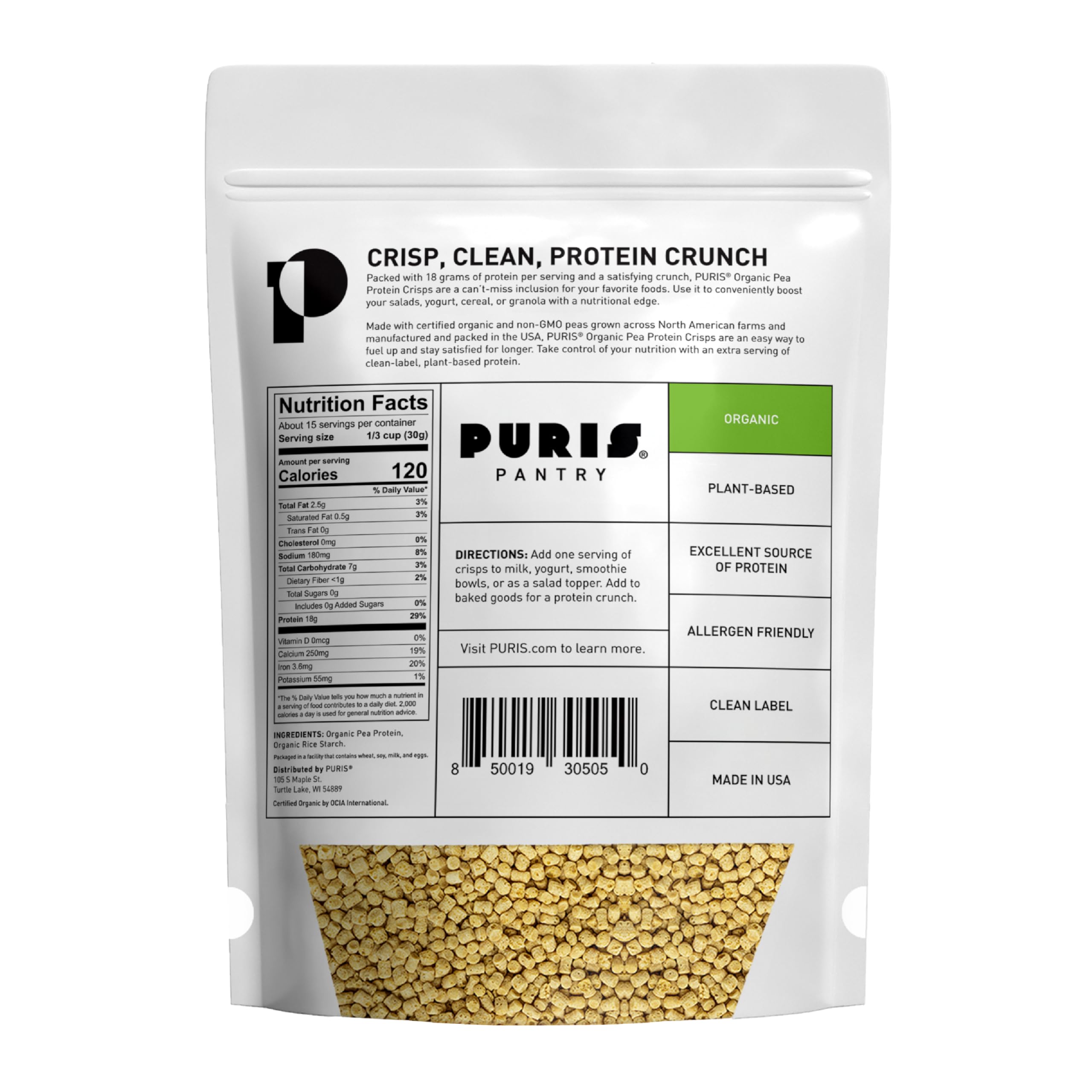 PURIS crisps de proteína de guisante chips crujientes, snack rápido
